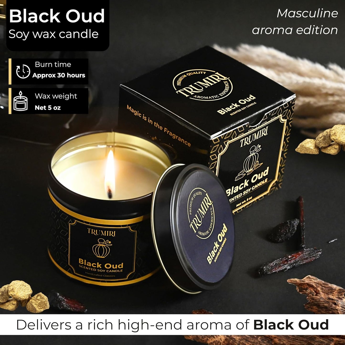 Black Oud Candle Highly Scented Soy Candel Clean Non Toxic Velas Aromáticas Gift for Men Pack of 1 5Oz Decorartive Travel Tin