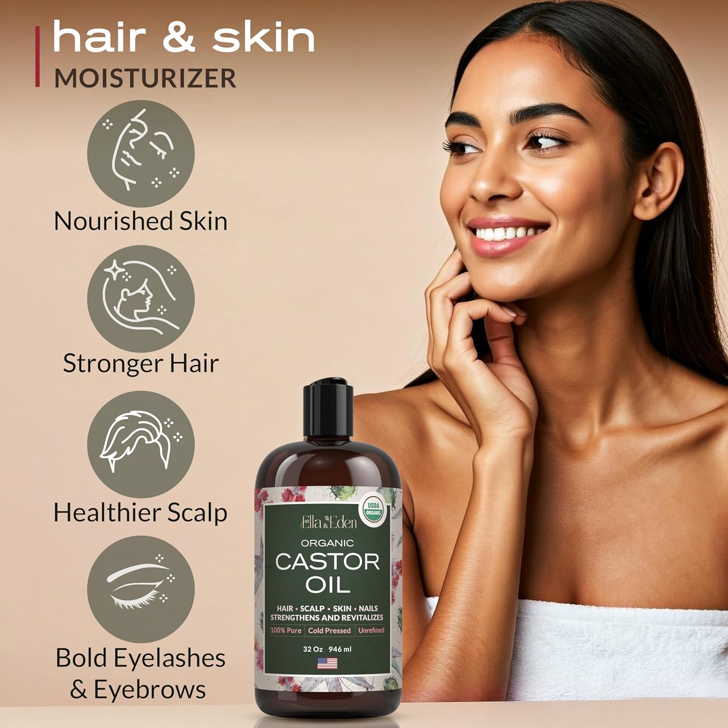 Ella & Eden Organic Castor Oil, Cold-Pressed Hexane-Free, 32 fl oz | USDA Certified, 100% Pure, Unrefined, For Hair Growth, Skin and Face
