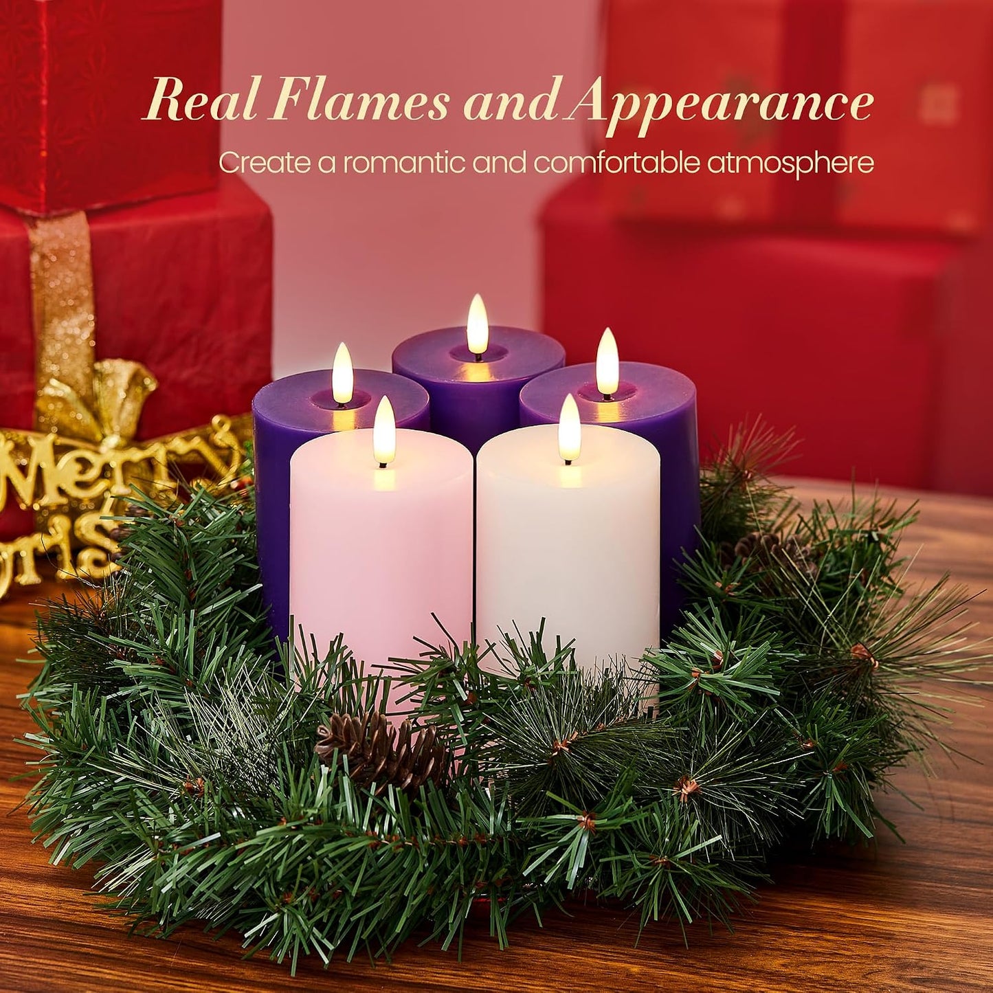 Pillar Advent Candles Set of 5, Battery Operated Advent Candle Set with Remote and Timer, 3x6 Pink and Purple Pillar Candle Set, Flameless Advent Candles for Advent Wreath Pillar Candle Holder