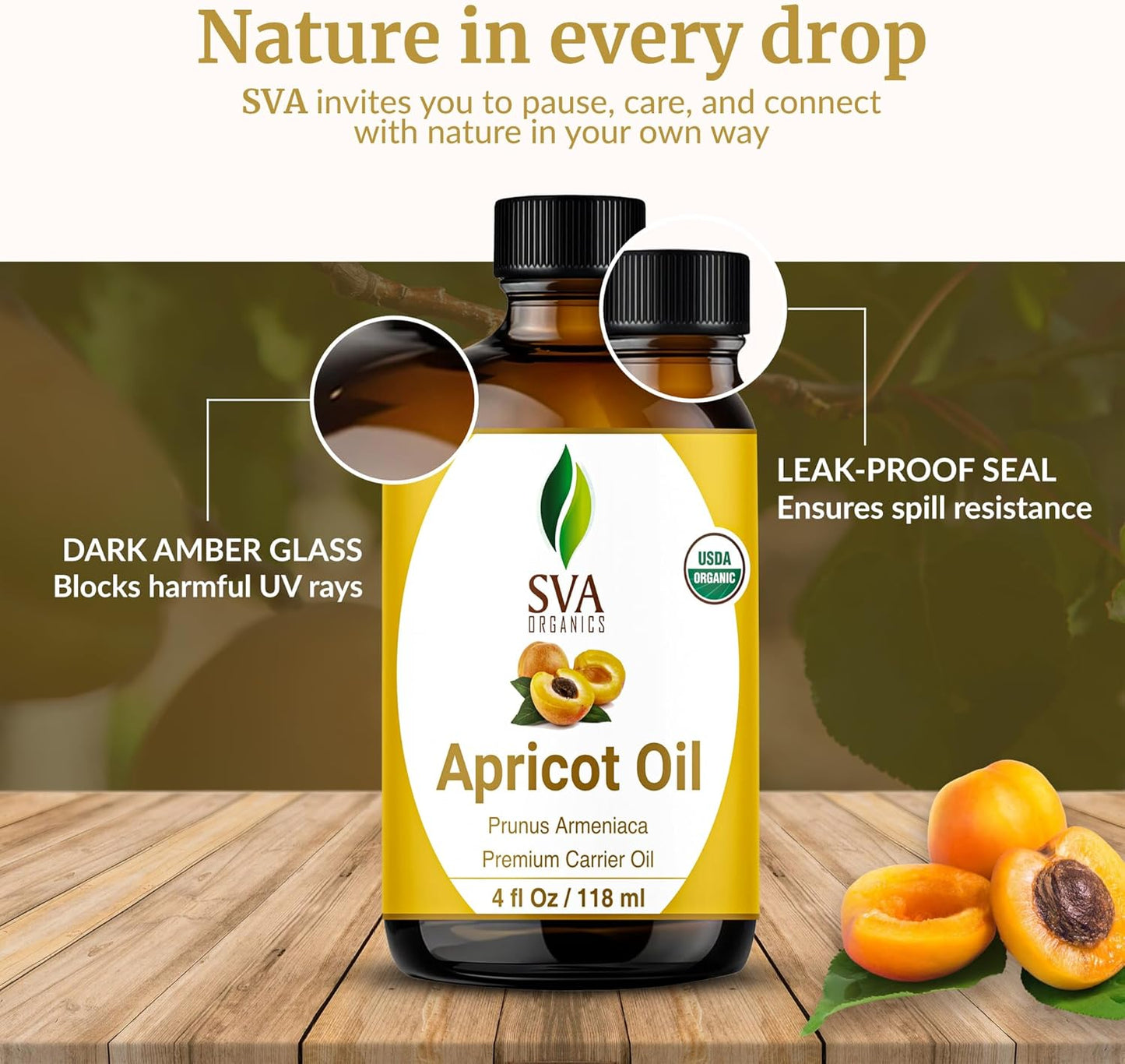 SVA Apricot Seed Oil Organic - 4 Fl Oz – 100% Natural Cold Pressed Organic Apricot Oil - for Face, Skin Care, Hair Care, Scalp Massage & Body Massage – Carrier Oil with Dropper
