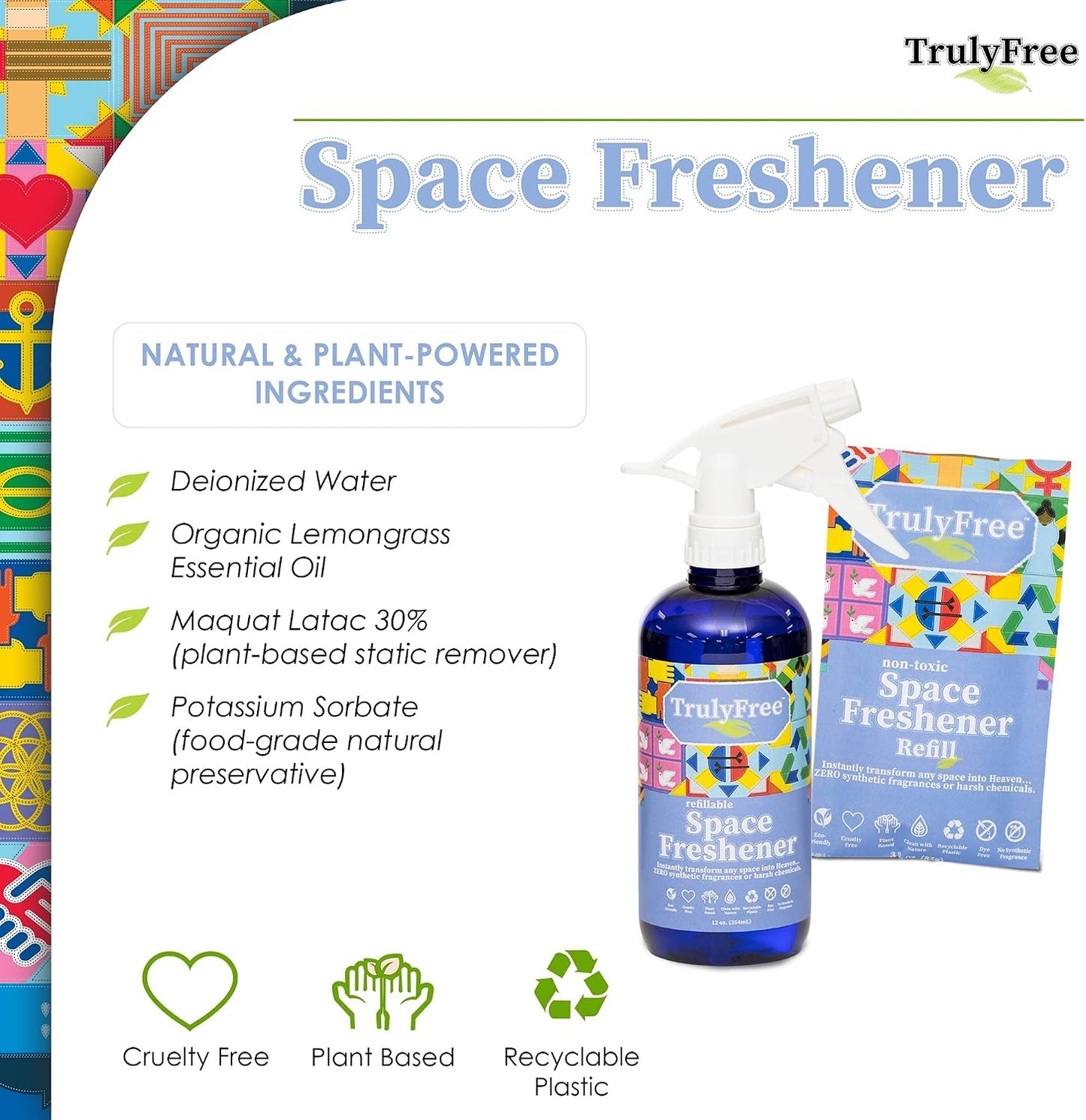 Truly Free Space Freshener Starter Kit, Lemongrass Essential Oil - Car and Air Fresheners for Home, Natural Odor Eliminator Room Spray, 12 oz Empty Bottle + One (3 oz) Fill - No Synthetic Fragrances