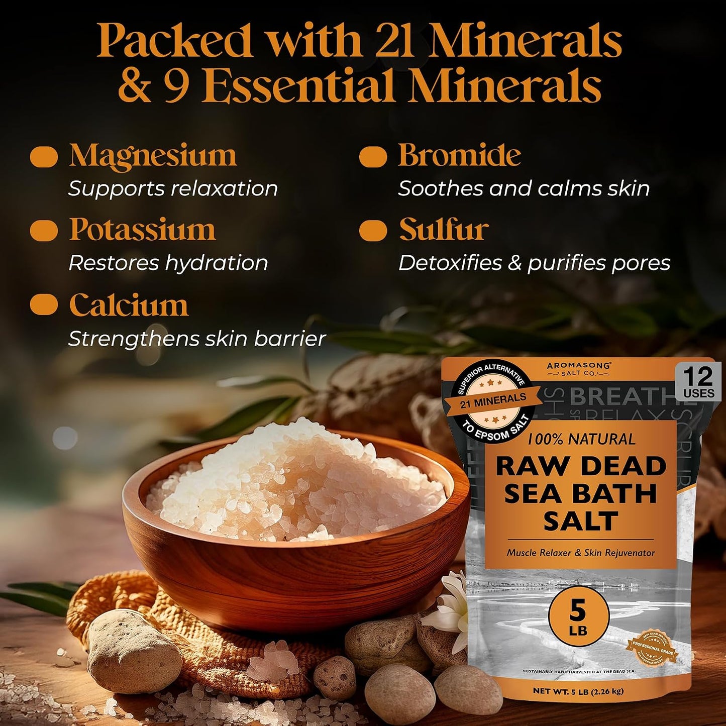 Aromasong Raw Dead Sea Bath Salt - Minimally Cleaned, Contains More Dead Sea Minerals Including Dead Sea Mud - 100% Pure & Natural Dead Sea Salts for Soaking 5 LB - Bulk Resealable Pack