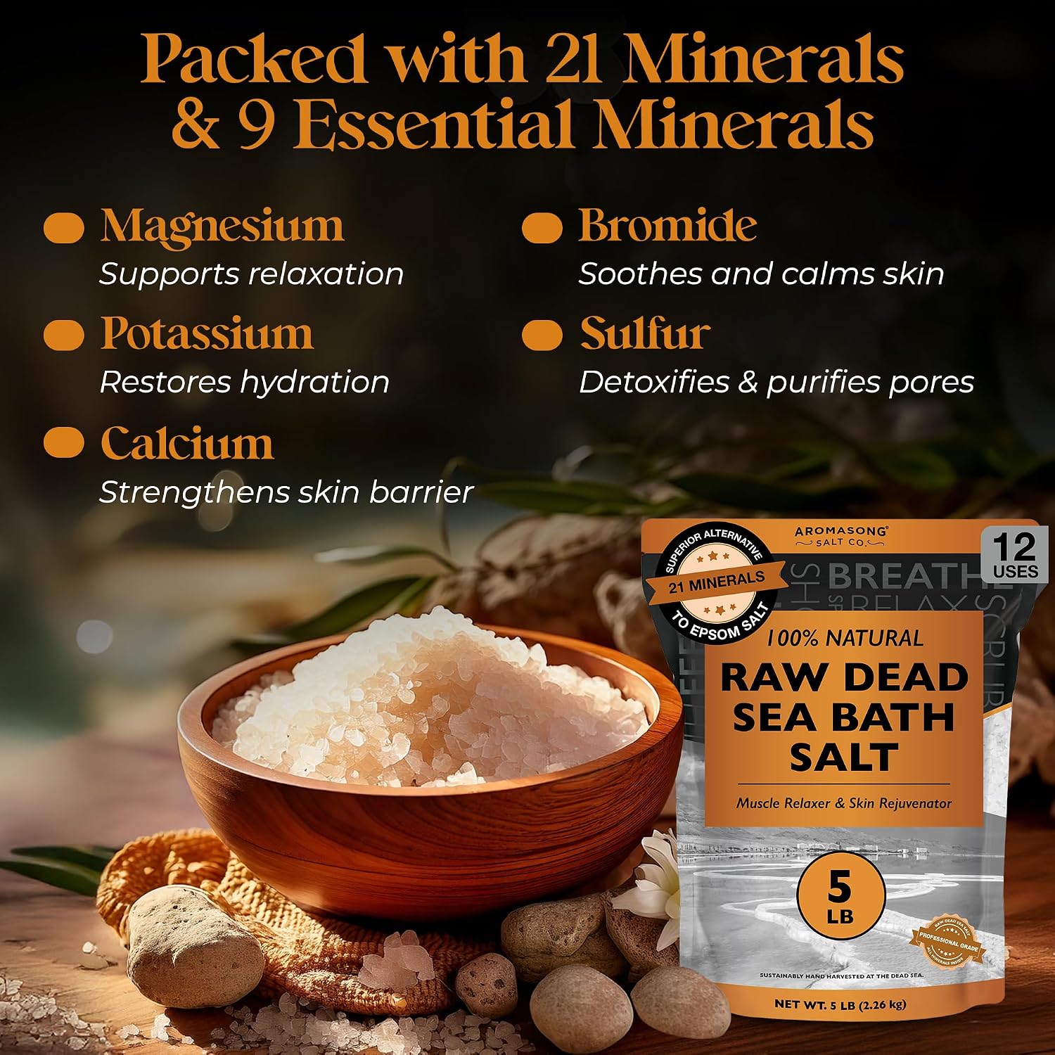 Aromasong Raw Dead Sea Bath Salt - Minimally Cleaned, Contains More Dead Sea Minerals Including Dead Sea Mud - 100% Pure & Natural Dead Sea Salts for Soaking 5 LB - Bulk Resealable Pack