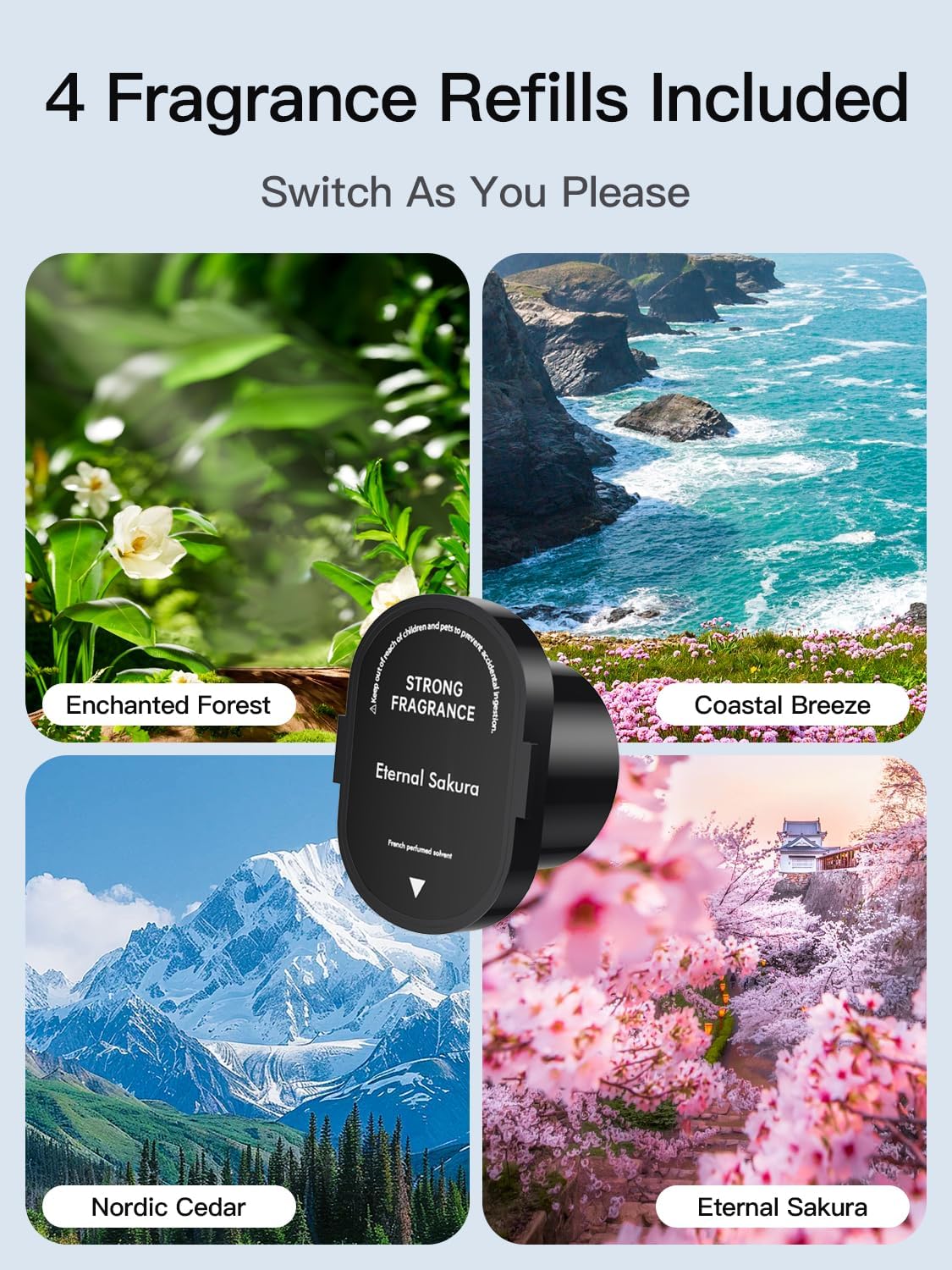 Smart Car Air Freshener Diffuser, Waterless Essential Oil Diffuser with 4 Modes, 4 Scent Refills, Auto On/Off, USB - C Rechargeable Wireless, Ambient Light for Home/Car Use (5502-Black)