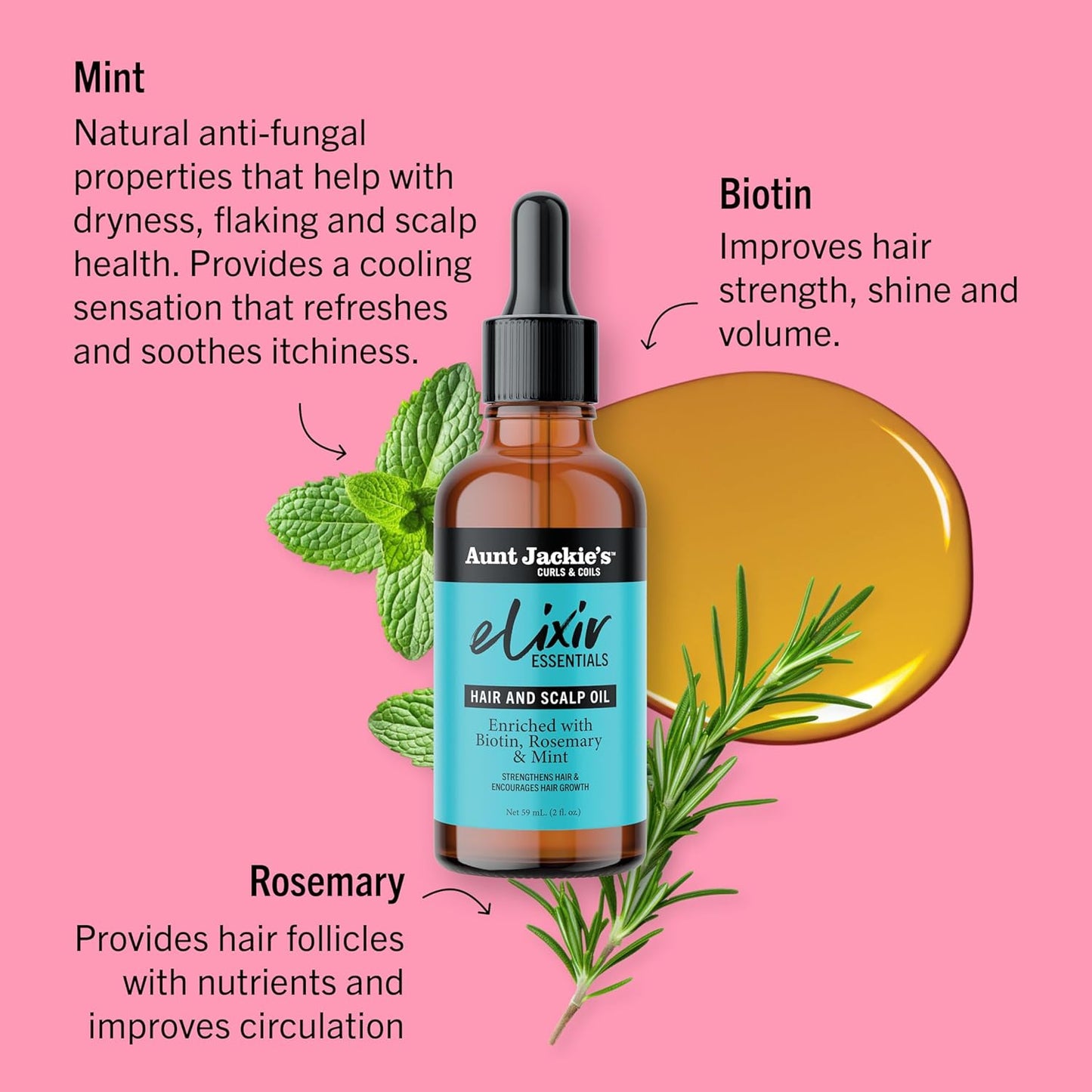 Aunt Jackie's Elixir Essentials Hair & Scalp Oil Enriched with Biotin, Rosemary & Mint, Nourishes, Thickens & Supports Hair Growth, 2 oz