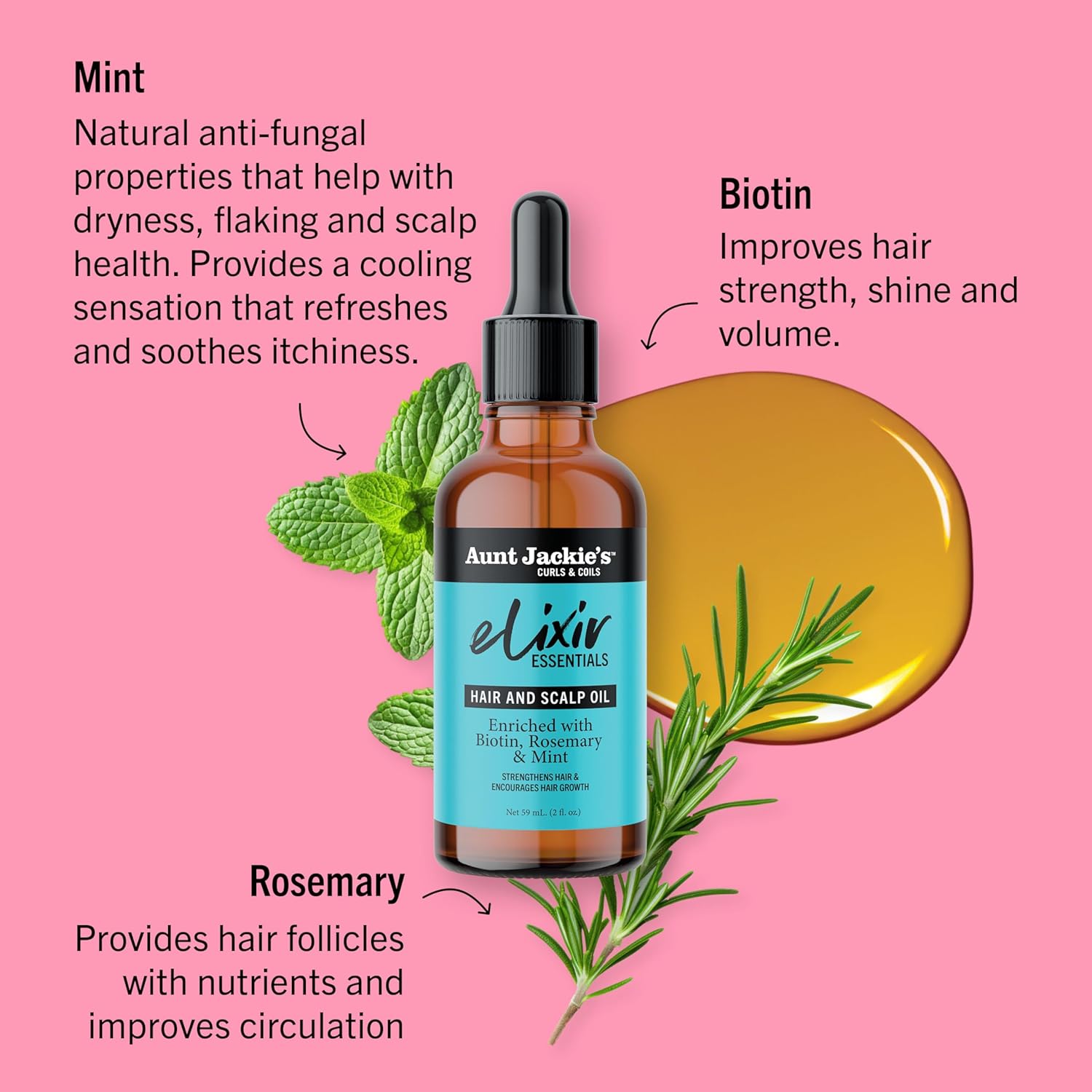 Aunt Jackie's Elixir Essentials Hair & Scalp Oil Enriched with Biotin, Rosemary & Mint, Nourishes, Thickens & Supports Hair Growth, 2 oz