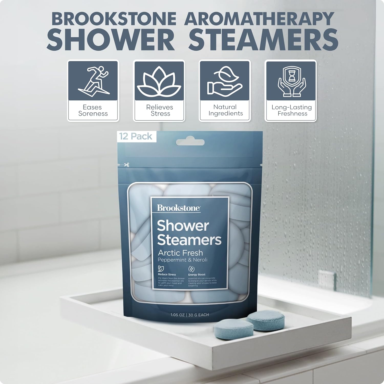 Brookstone Shower Steamers Aromatherapy 12 Tablets - Christmas Stocking Stuffers for Men, Birthday Gifts for Women, Green Elephant, Relaxation, Self Care - Shower Steamers Arctic Fresh