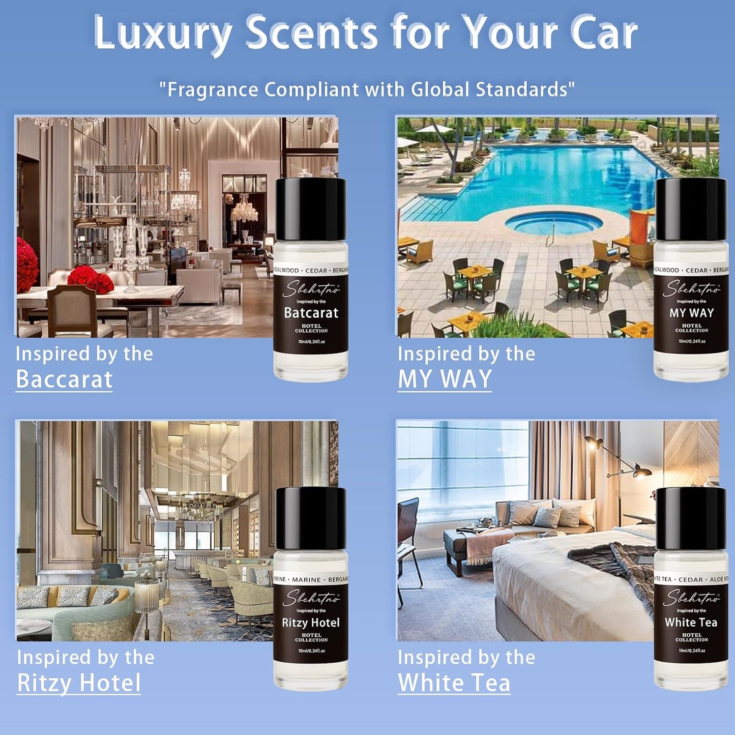Waterless Car Diffuser Kit with 4 Fragrance Oils – Luxury Hotel Inspired Aromatherapy Air Freshener for Car, Vehicle, Office & Small Spaces (Black, Hotel Fragrance)