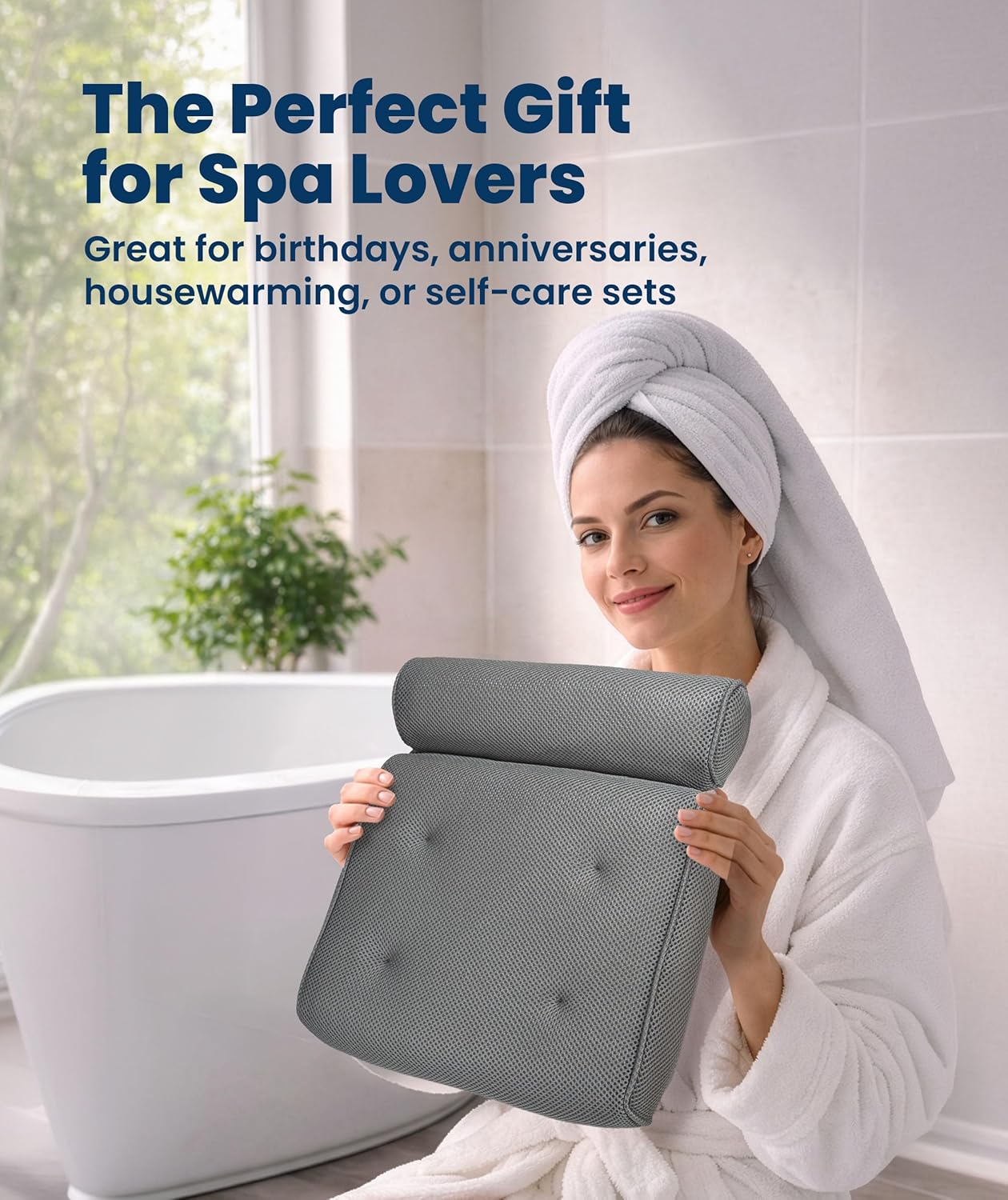 Everlasting Comfort Luxury Bath Pillows for Tub with Head and Neck Support - Non-Slip Bathtub Pillow with Suction Cups, Quick-Drying Mesh & Drying Hook - Jacuzzi & Spa Accessories for Women - Gray