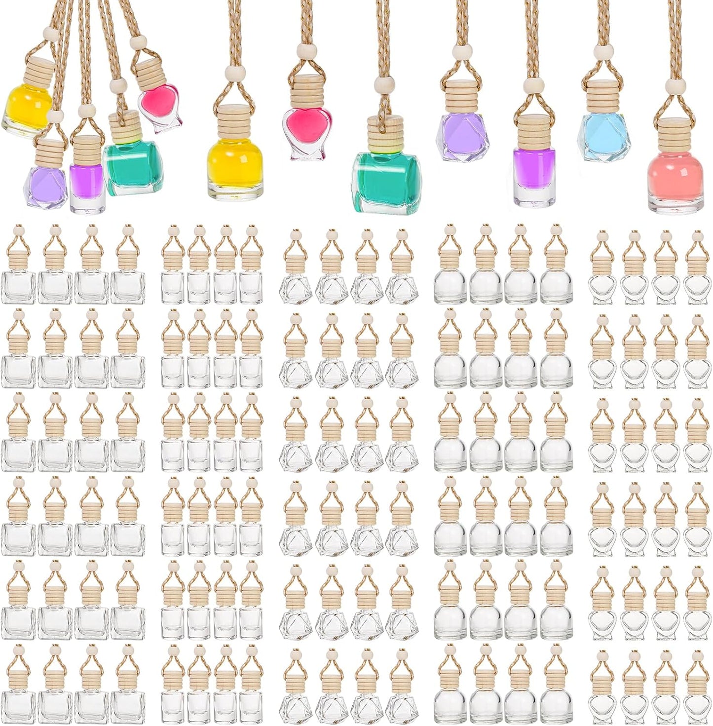 Fasmov 100 Pcs Hanging Car Air Freshener Diffuser, 10ml/8ml/5ml Empty Clear Glass Essential Diffuser Oil Aromatherapy Fragrance Perfume Pendant Glass Vials with Wooden Caps Lanyard, 5 Assorted Style