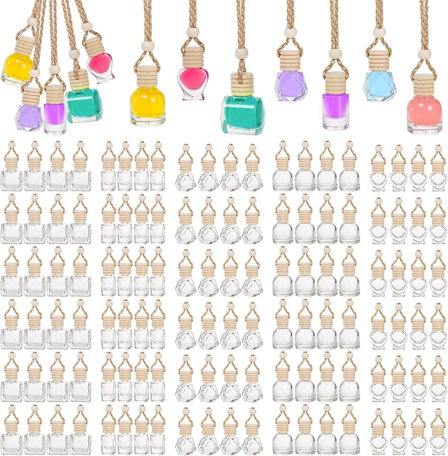 Fasmov 100 Pcs Hanging Car Air Freshener Diffuser, 10ml/8ml/5ml Empty Clear Glass Essential Diffuser Oil Aromatherapy Fragrance Perfume Pendant Glass Vials with Wooden Caps Lanyard, 5 Assorted Style
