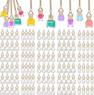 Fasmov 100 Pcs Hanging Car Air Freshener Diffuser, 10ml/8ml/5ml Empty Clear Glass Essential Diffuser Oil Aromatherapy Fragrance Perfume Pendant Glass Vials with Wooden Caps Lanyard, 5 Assorted Style