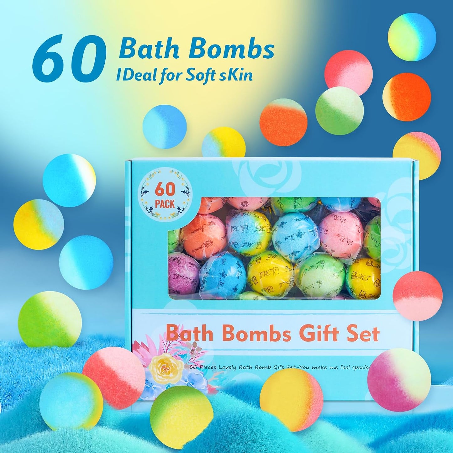 60 Pack Bath Bombs Set, Christmas Stocking Stuffers, Birthday Gift Set for Women, Natural Organic Bath Bubble Bombs for Kids/Women/Men/Mom Individually Wrapped Handmade
