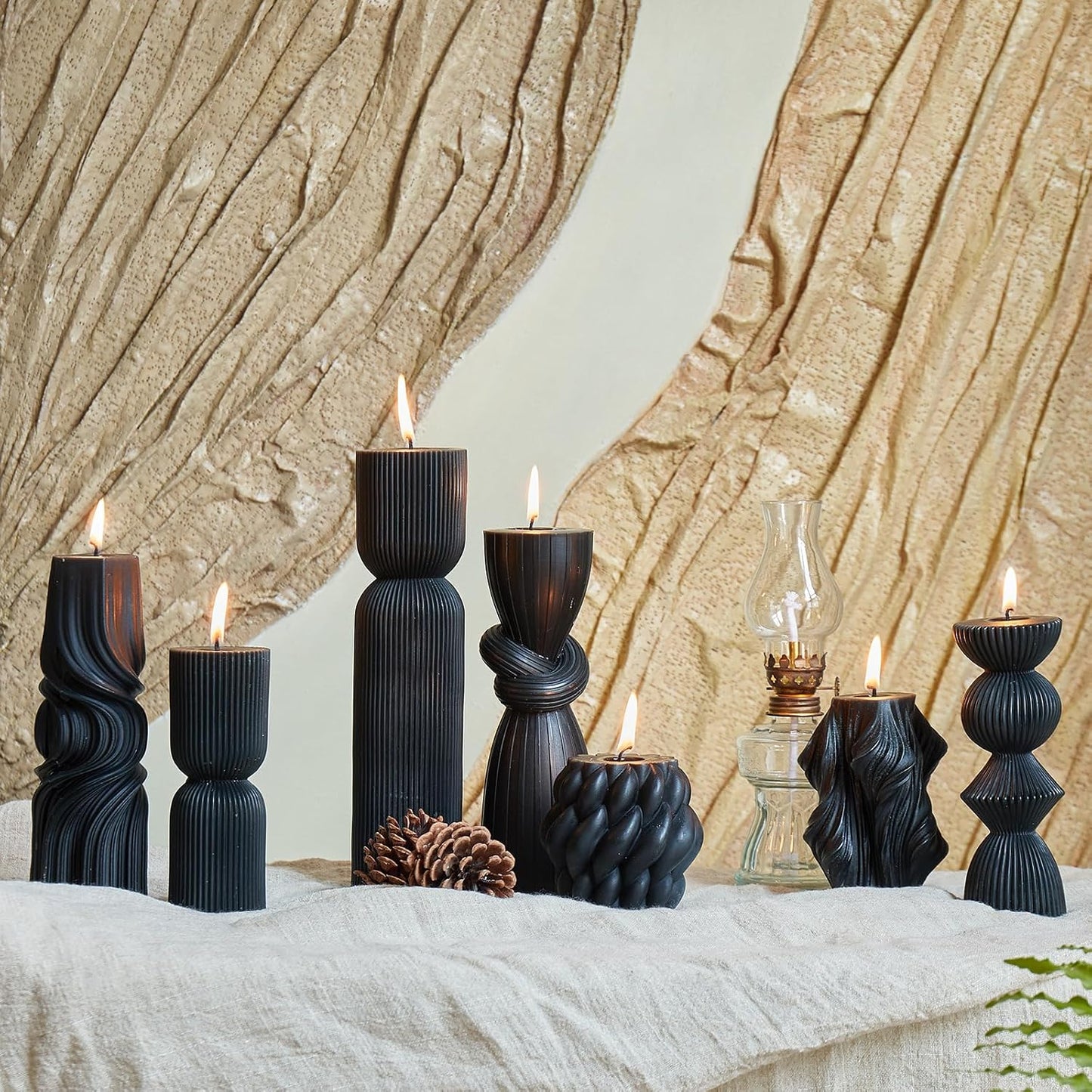 7-Pack Pillar Candles - Soy Wax Handmade Ribbed Candles for Home Decor, Housewarming Gift, Shelf & Table Decor - Aesthetic Modern Candles Set (Black)