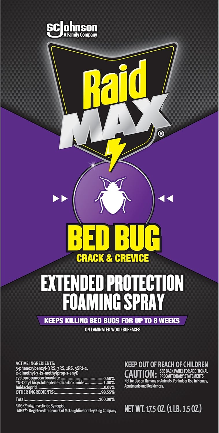 Raid MAX Bed Bug Crack & Crevice Extended Protection Foaming Spray, Kills Bed Bugs for up to 8 weeks on Laminated Woods and Surfaces, 17.5 oz