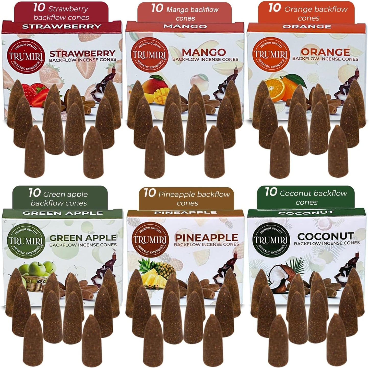 Fruity - Backflow Incense Cones for Waterfall - Scented Inscents-Cones - Pineapple, Strawberry, Coconut, Mango, Apple, Orange - Insiensos Aromaticos - 6x10=60 Large Variety Pack