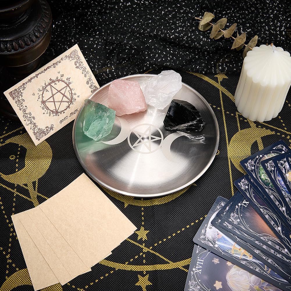 CREATCABIN Moon Ritual Plate Altar Plate Stainless Steel Flat Bowl Round Tray Prayer Offering Bowl Dish Candle Holder for Smudging Incense Burner Meditation Tarot Jewelry Dowsing Divination 5.55Inch