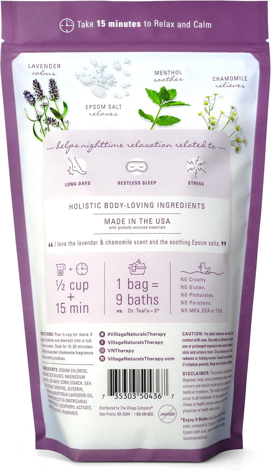 Village Naturals Therapy, Nighttime Foaming Epsom Soak, 36 Oz, Pack of 3