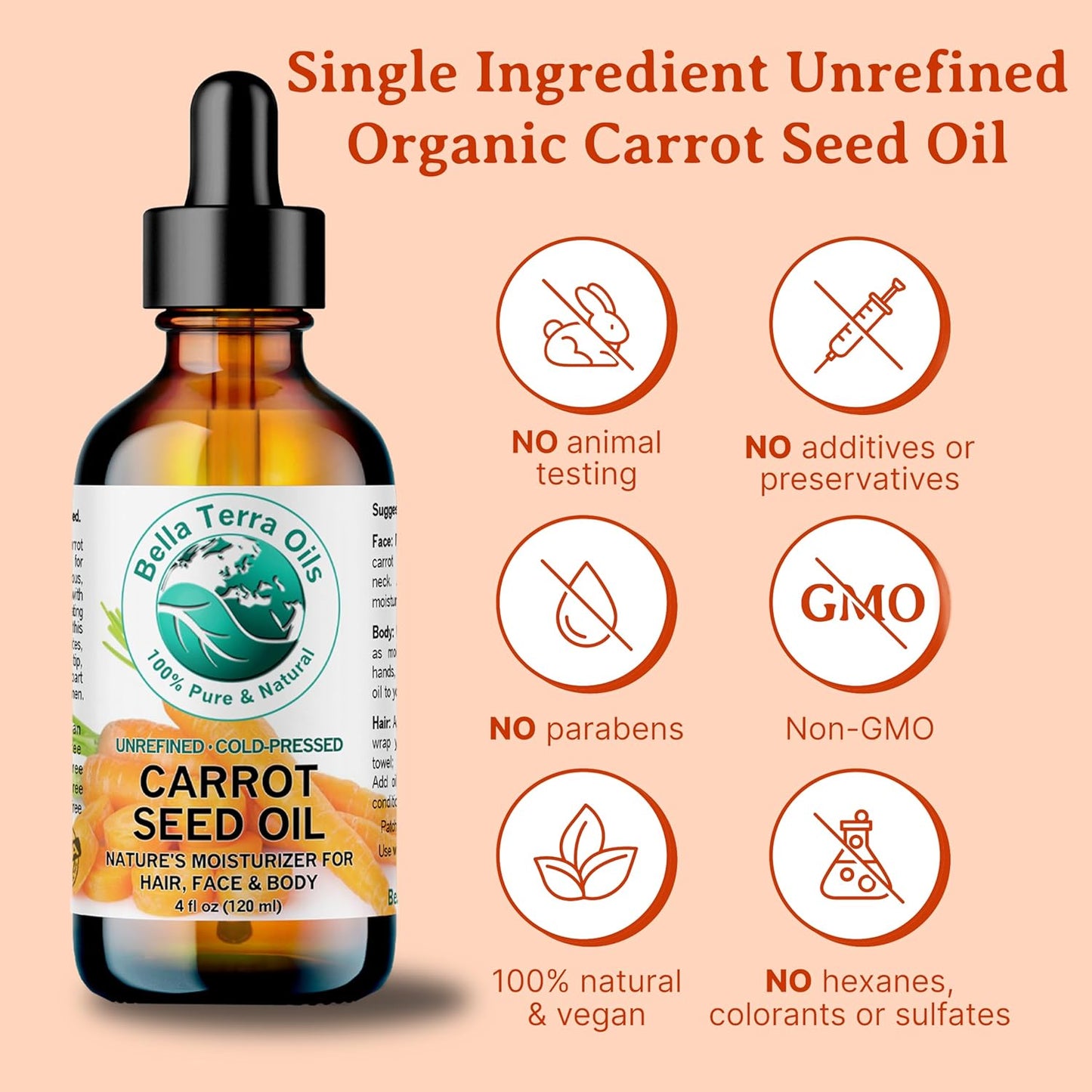 Bella Terra Oils - Organic Carrot Seed Oil 4 oz - Dive into Carotene's Natural Power, High in Essential Fatty Acids, Experience Luxurious Skin Nourishment