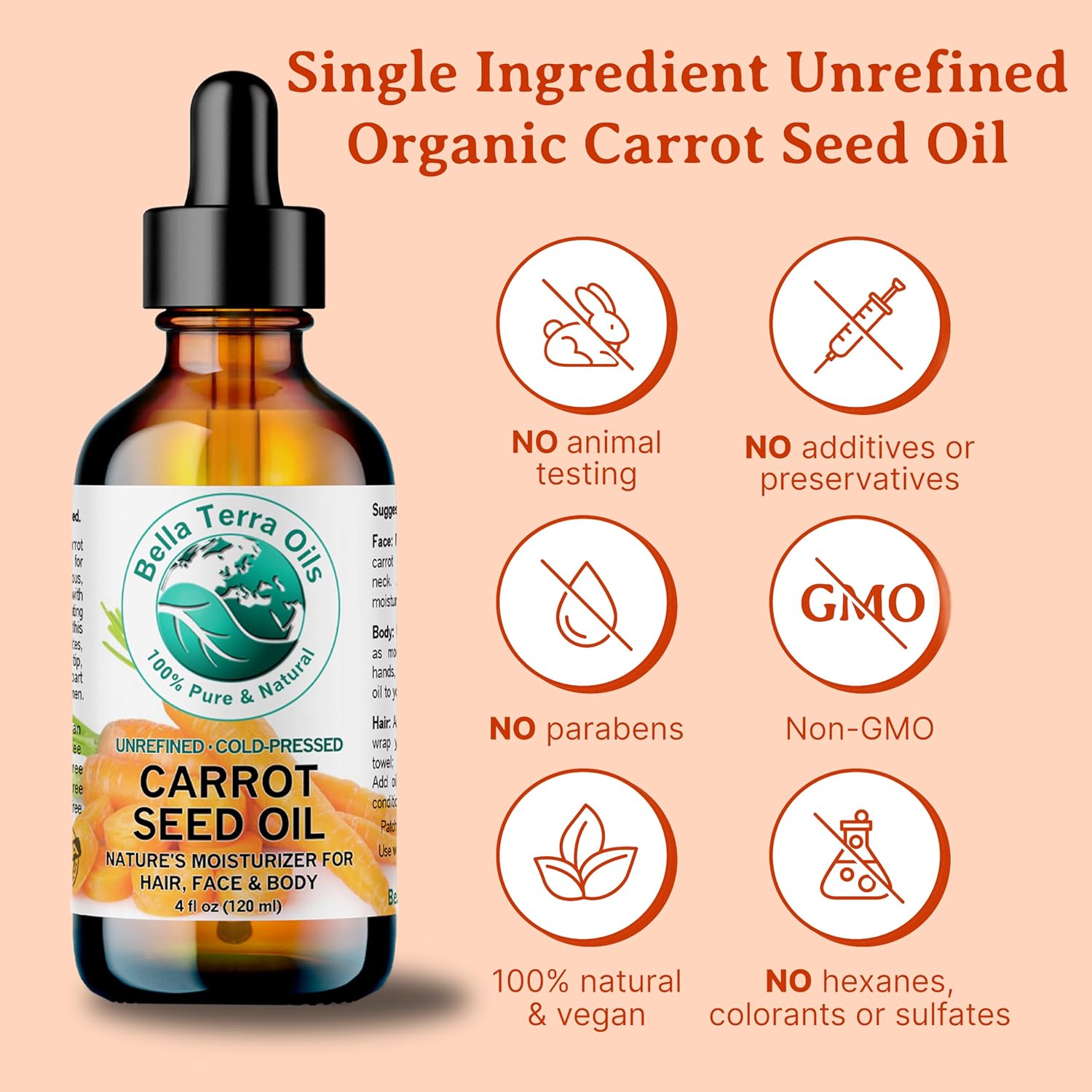 Bella Terra Oils - Organic Carrot Seed Oil 4 oz - Dive into Carotene's Natural Power, High in Essential Fatty Acids, Experience Luxurious Skin Nourishment