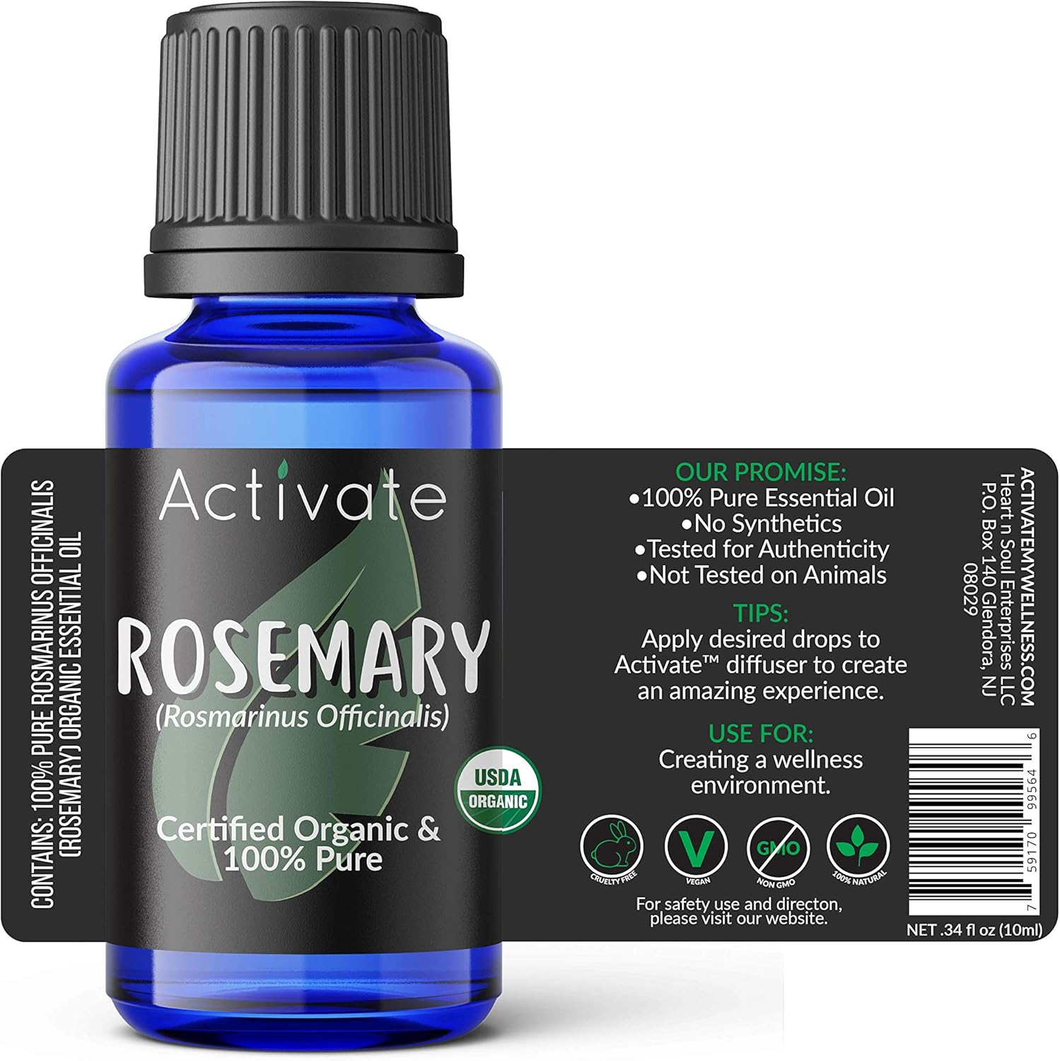 Activate Rosemary Organic Essential Oil 100% Pure, USDA Certified Organic, Premium Grade, Undiluted, Non-GMO, Therapeutic Natural Oils, Aromatherapy & Diffuser Use Gift 10ml
