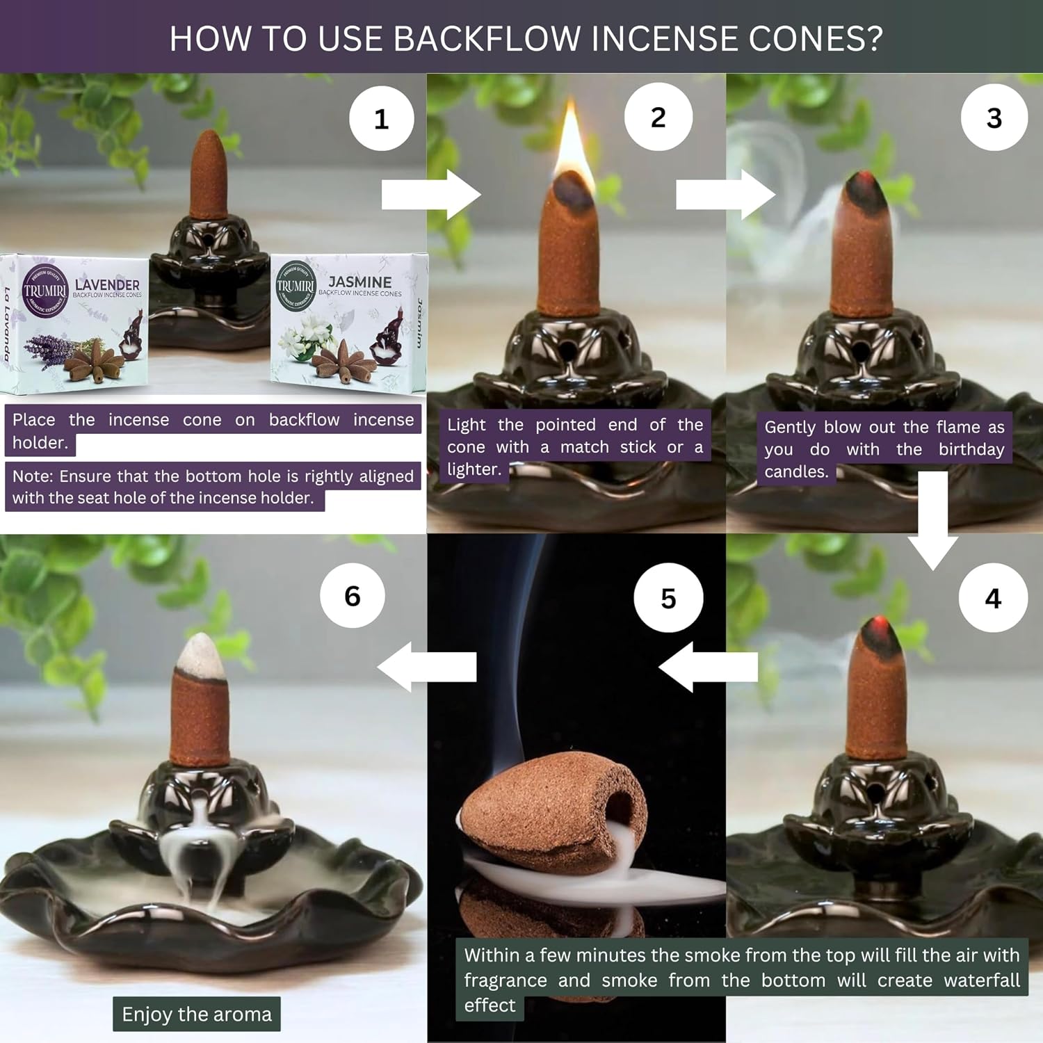 TRUMIRI Backflow Incense Cones - Combo Pack of 20 Incense Cones Waterfall - 10 Lavender + 10 Jasmine - Incense Backflow Cones - Waterfall Incense Cones - Incense Waterfall Cones