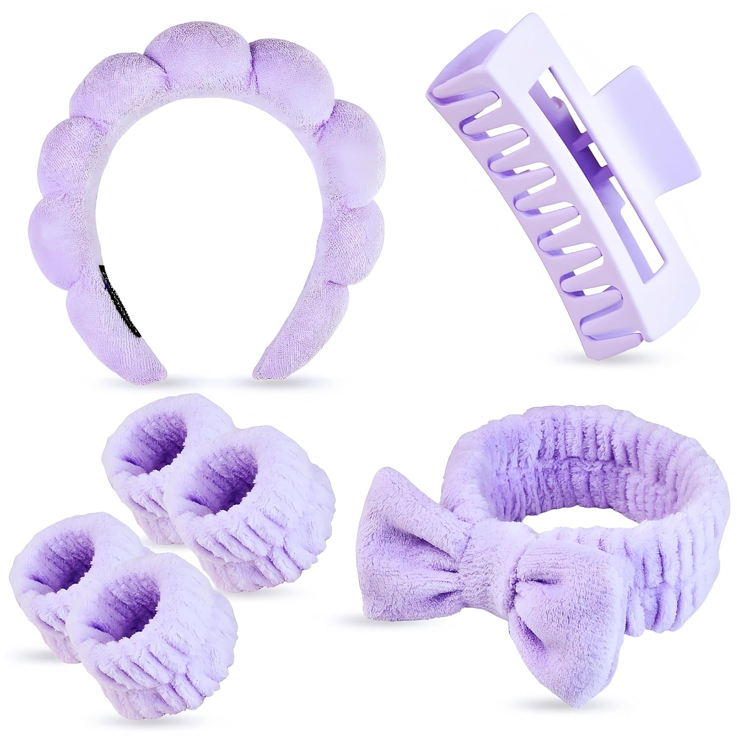7 Pcs Spa Set, Facial Headband and Wristband Set, Skincare Accessories, College Style Girl Idea Gifts, Hair Accessories for Women and Girls (Purple)