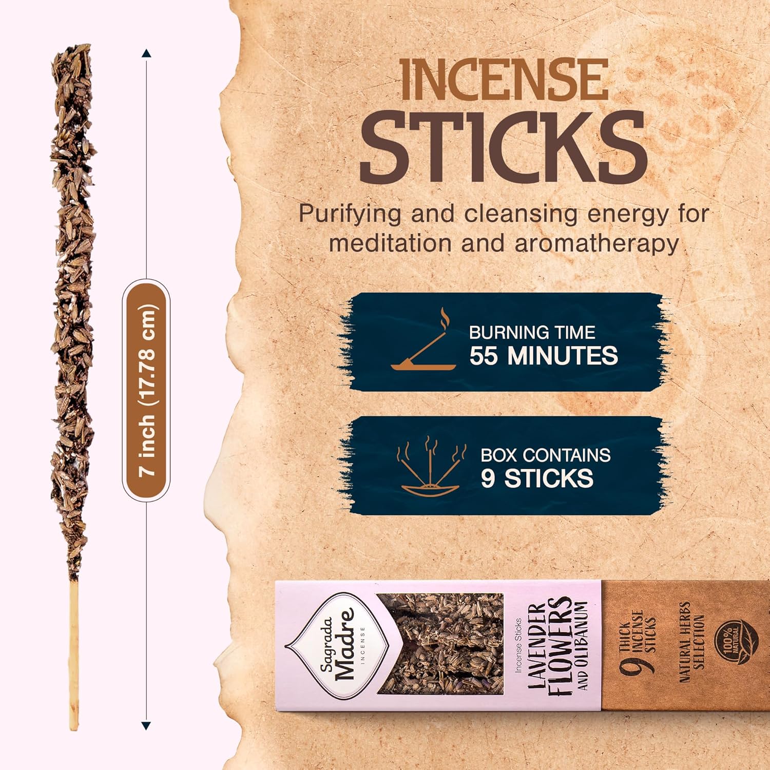 Sagrada Madre 9 pcs Wildly Harvested - Lavender Flowers and Olibanum Incense Sticks, 7" Long - Thick Aromatic Incense Sticks, 100% Natural