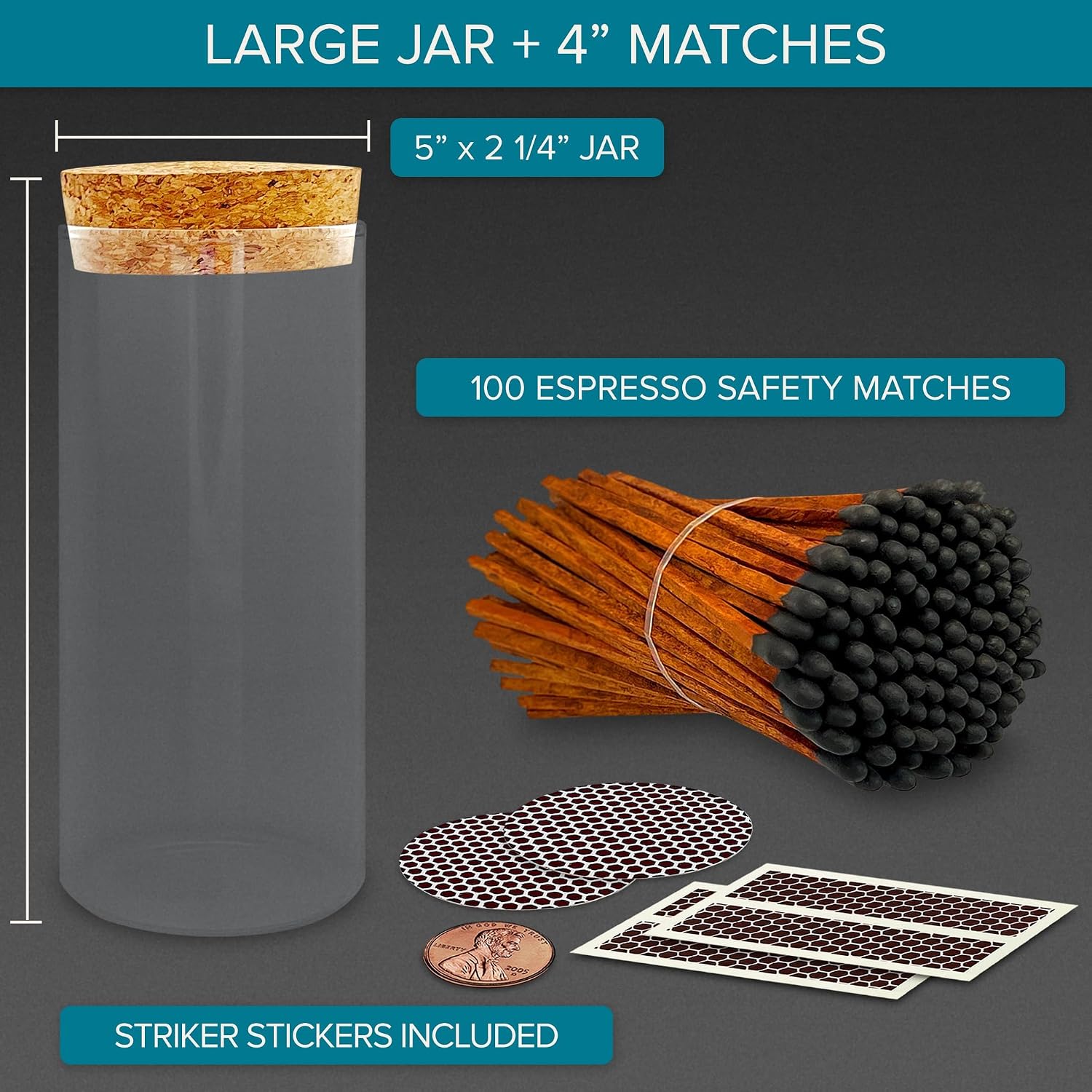 Decorative Matches in a Glass Jar | 4" Espresso Long Matches (100 match sticks) + Cork Top Glass Holder + Striker Stickers | Gifts, Décor, & Candle Accessories | by Thankful Greetings, USA