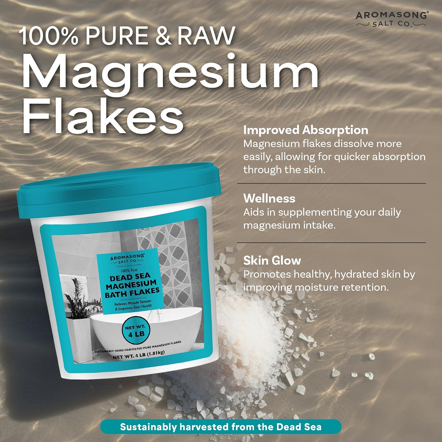 Aromasong Raw Dead Sea Magnesium Flakes for Bath - 4 LB Bulk Bath Salt in Reusable Bucket