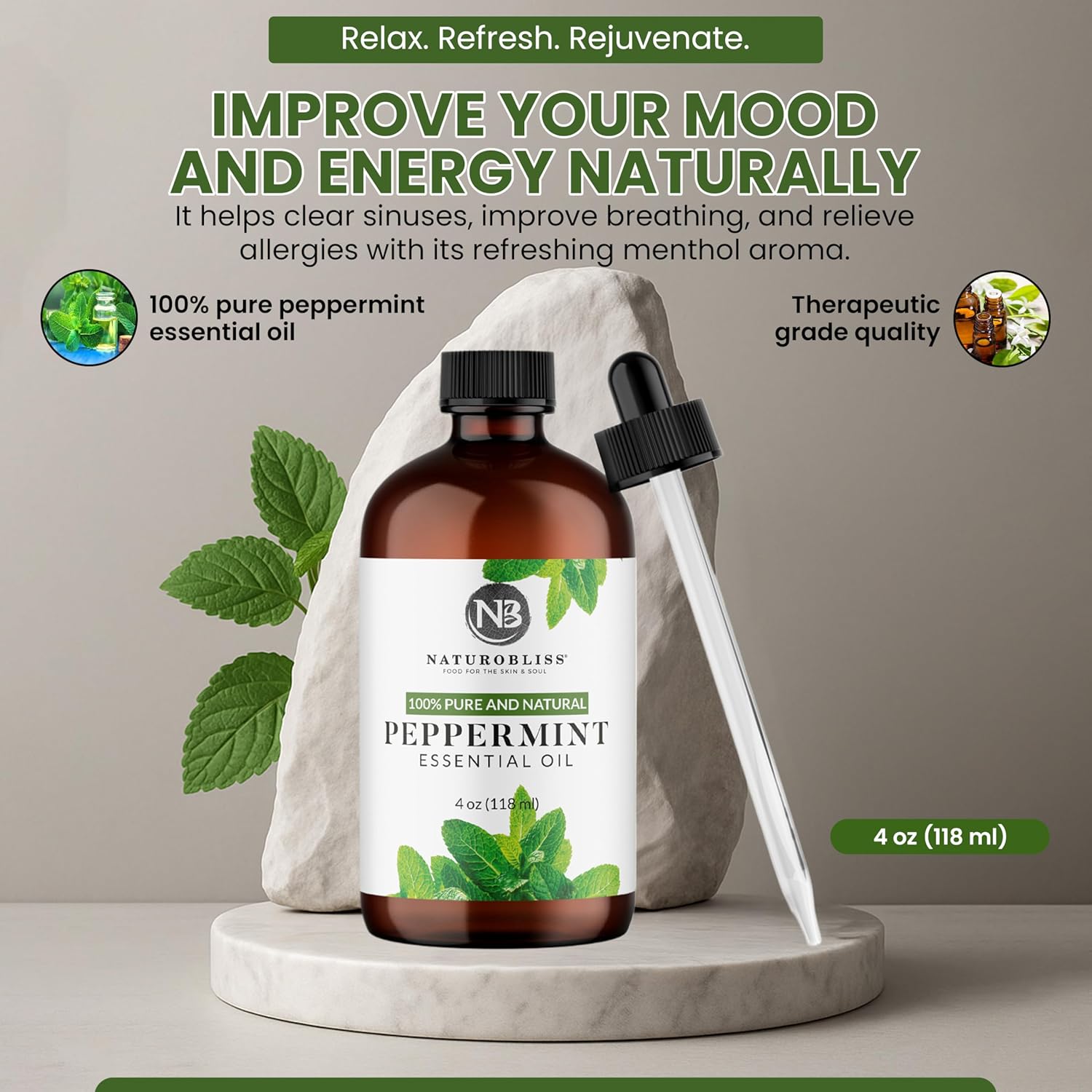 NaturoBliss Peppermint Essential Oil, 100% Pure and Natural Therapeutic Grade, Premium Quality Peppermint Oil, 4 fl. Oz - Perfect for Aromatherapy and Relaxation