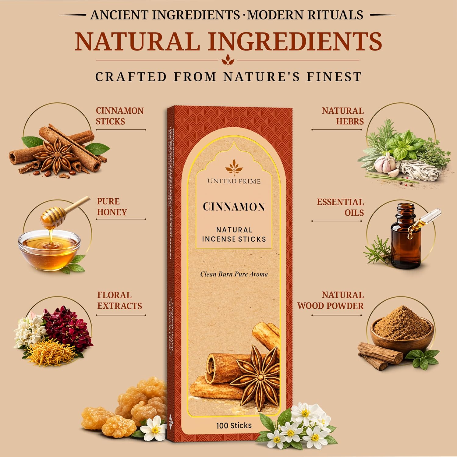 Pure Cinnamon Incense, 100 Insence Sticks, No Charcoal Clean Burning Stick Inscent, 100% Natural Organic Non Toxic, Sustainably Harvested, Spiritual Healing Positive Vibes Incense
