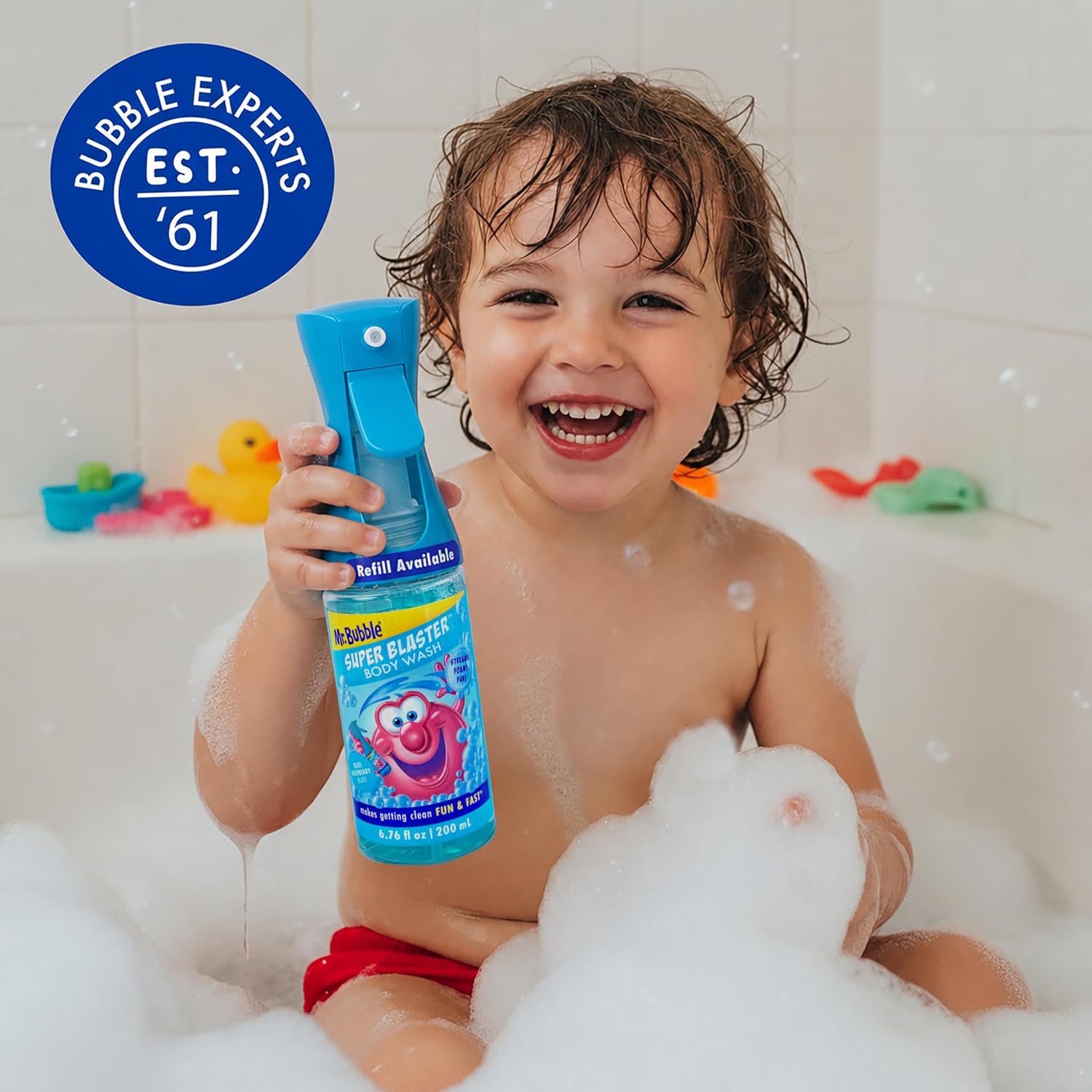 Mr. Bubble Super Blaster Body Wash, Blue Raspberry Blast Scent, Fun Body Wash Sprayer for Kids Shower and Bath, 6.76 fl oz