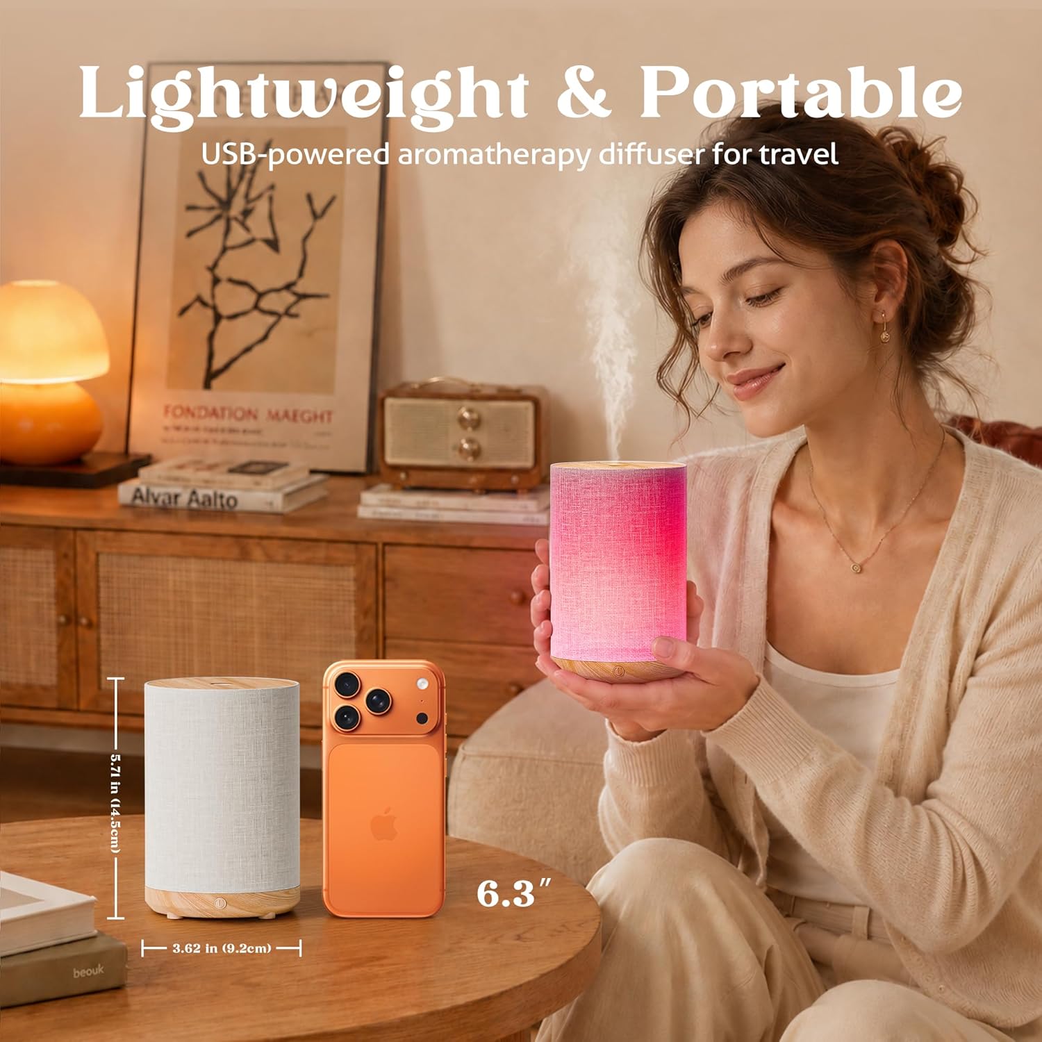Essential Oil Diffuser with Fabric Cover, Small Portable Aroma Diffuser for Home 120ml, Ultrasonic Aromatherapy Oil Diffuser with 7 Colors LED, Auto Shut-Off Function, Mini Humidifier for Bedroom
