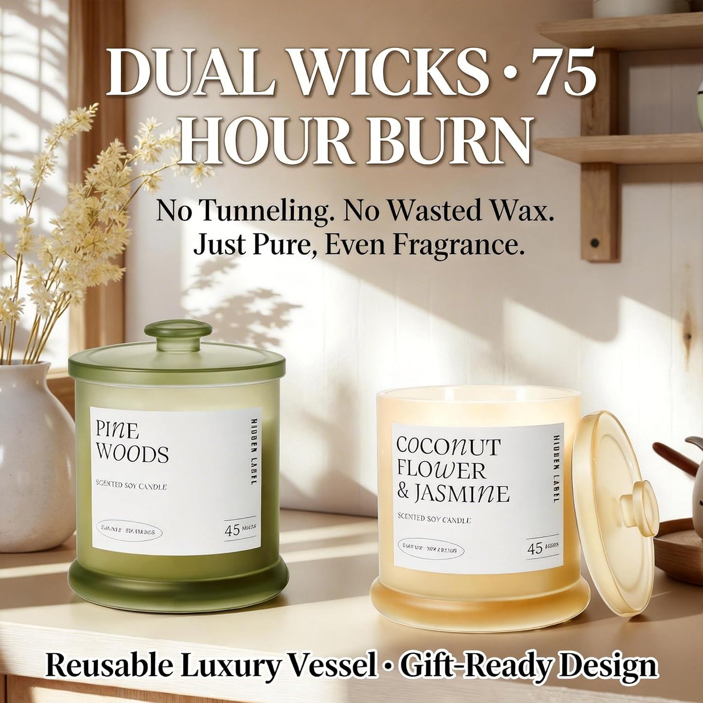 Coconut Flower & Jasmine Scented Candle, 13oz Natural Soy Wax Candle with 2 Wicks, 75 Hour Long Lasting Aromatherapy Candle for Stress Relief, Non Toxic Luxury Candle for Home Decor