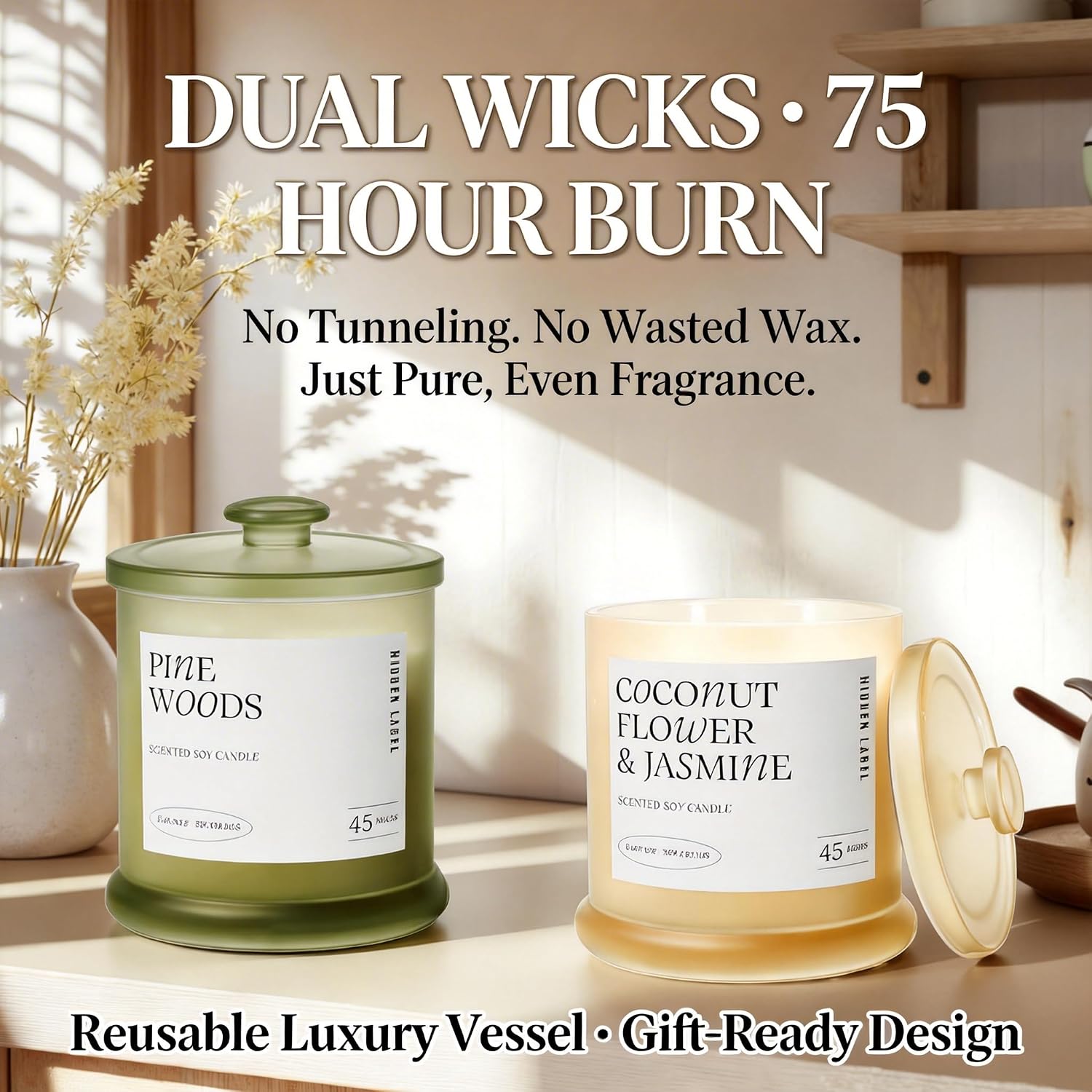 Coconut Flower & Jasmine Scented Candle, 13oz Natural Soy Wax Candle with 2 Wicks, 75 Hour Long Lasting Aromatherapy Candle for Stress Relief, Non Toxic Luxury Candle for Home Decor