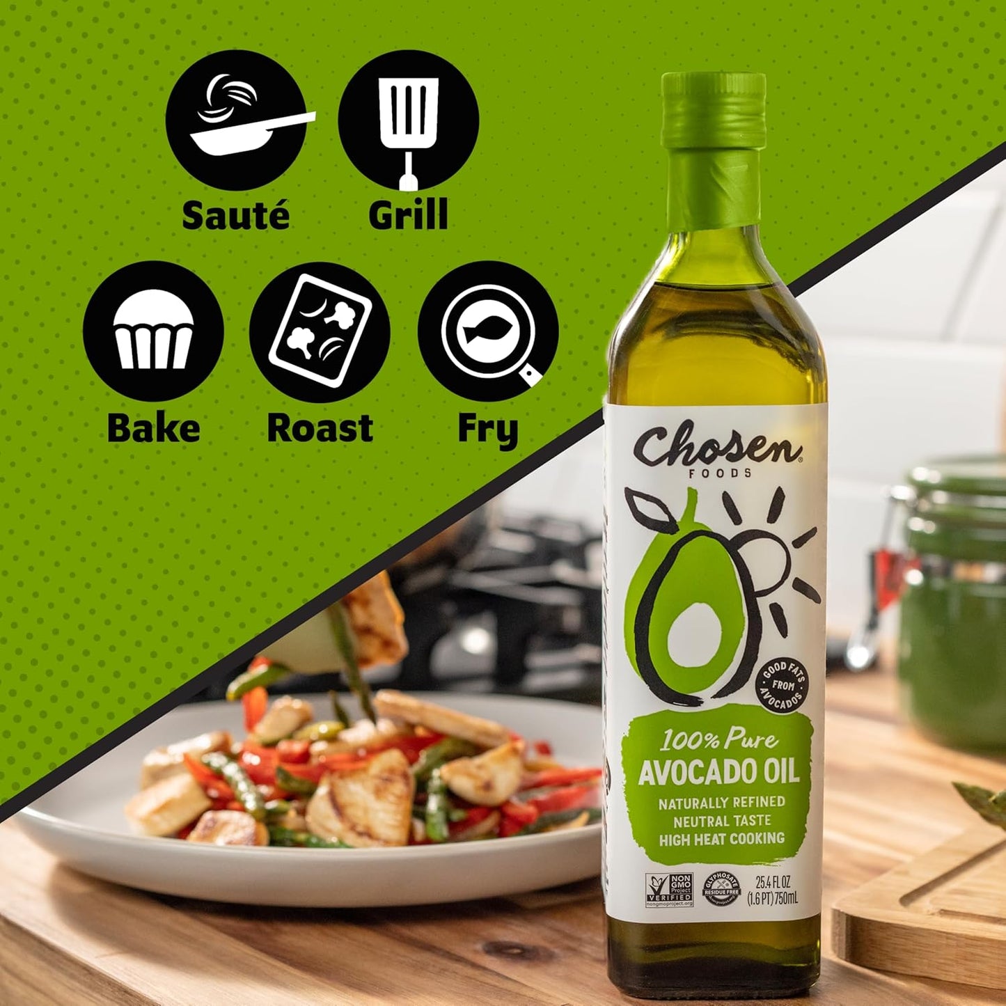 Chosen Foods Avocado Oil, 16.9 Fl Oz - All Purpose Cooking Oil made from 100% Pure Avocados - Non-GMO, Gluten-Free, Keto Friendly, Glyphosate Free - 500mL (Pack Of 1)
