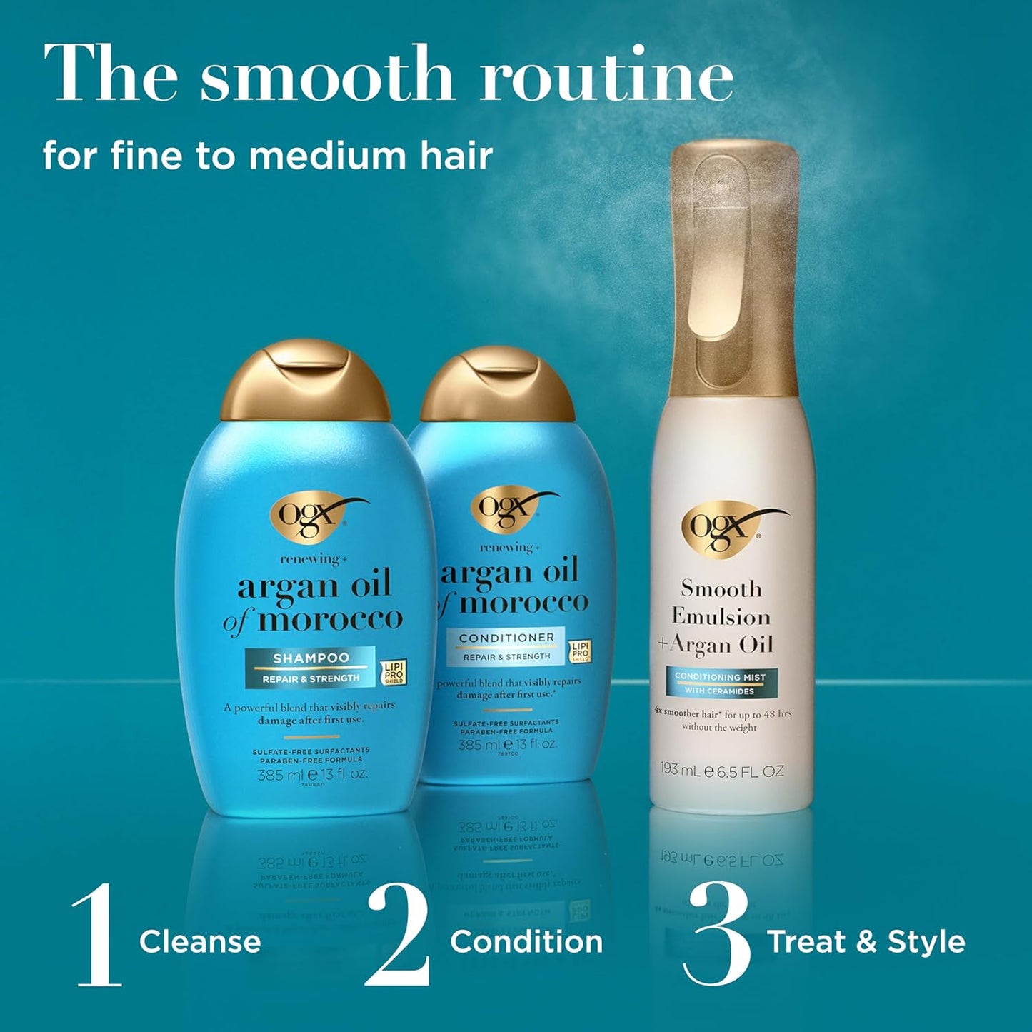 OGX Smooth Emulsion + Argan Oil Conditioning Hair Mist, Damage Repair Spray with Ceramides for 4x Smoother Hair* for up to 48 Hours Without the Weight, 450°F Heat Protection, 6.5 fl. oz