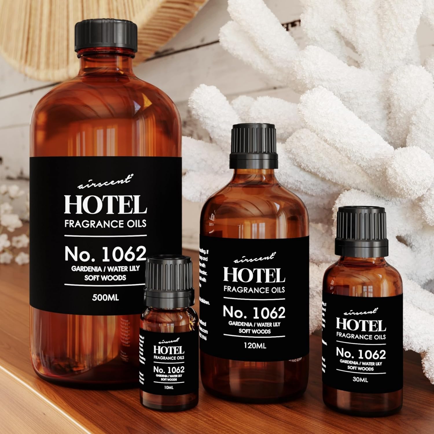 AirScent Hotel Diffuser Oil No. 1062 - Gardenia, Water Lily, Soft Woods - Premium Fragrance Oil for Ultrasonic and Waterless Diffusers and Crafting - 10 mL, 0.34 fl oz Glass Dropper Bottle