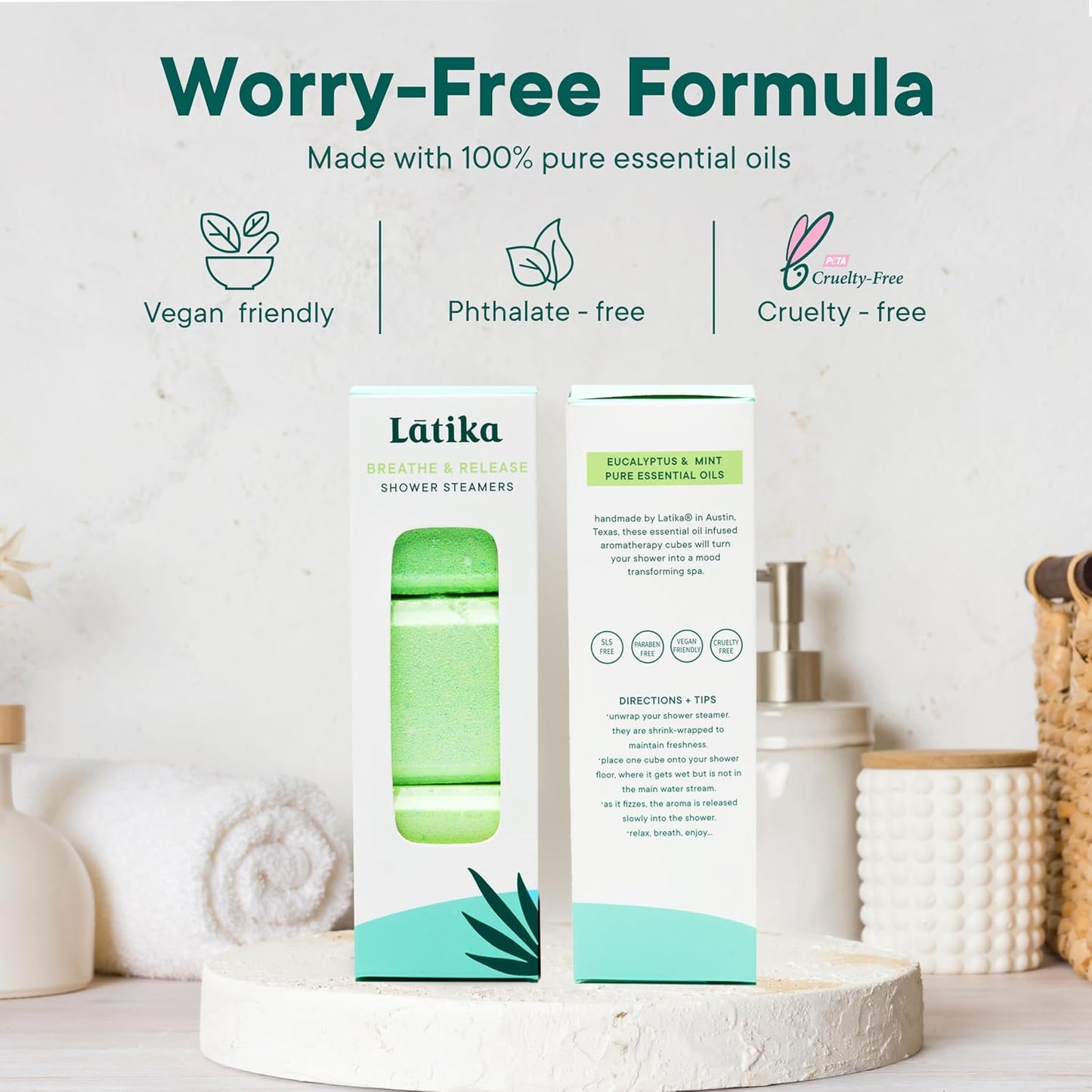 Latika Breathe & Release Aromatherapy Shower Steamer - Eucalyptus and Peppermint Essential Oils for Stress Relief, Relaxation and Anxiety Support Long-Lasting, Natural, Vegan Shower Must-Haves