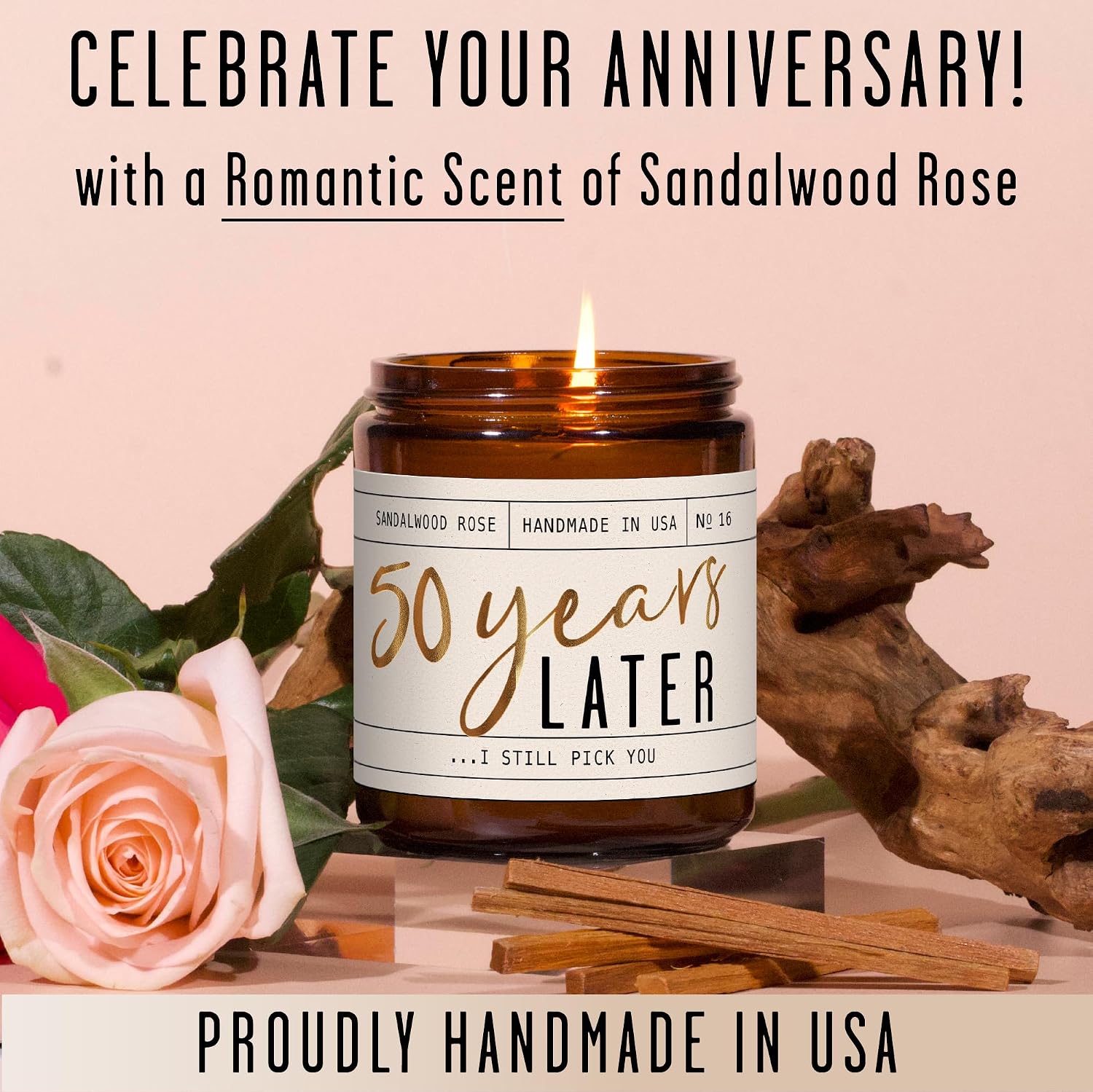 50th Wedding Anniversary Gifts - '50 Year Later' Candle, w/Sandalwood Rose - infused w/Essential Oils I 50th Anniversary Gifts for Wife I 50 Year Anniversary Gifts I 50Hour Burn I USA Made