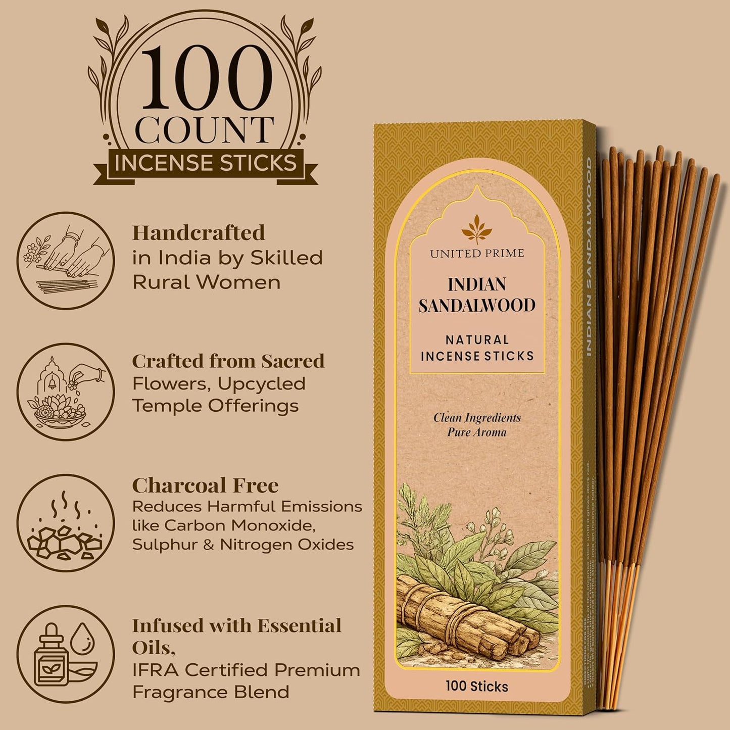 Natural Sandalwood Incense Sticks, 100 Sticks, Organic Insence Non Toxic, No Charcoal Clean Burning, Handmade from Upcycled Flowers, Positive Vibes Inscent Calming Aroma