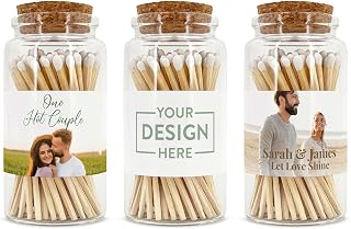 Personalized Custom Matches for Wedding Favors, Birthday Favors, Cigar Bar Matches, Wooden Matches in a Jar with Striker, Long Matches for Candles in Apothecary Glass Jar, Approx. 80 Safety Matches