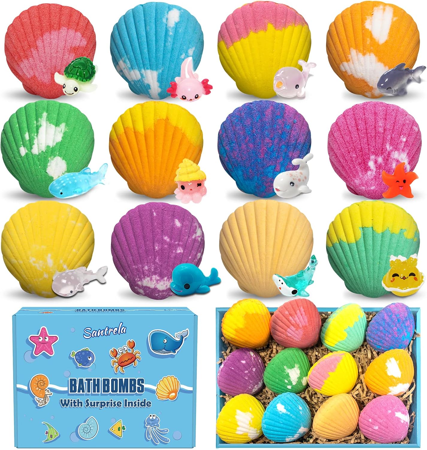Bath Bombs for Kids with Surprise Toys Inside, 12 Pack Shell Kids Bath Bombs Gift Set for Girls Boys Birthday, Easter, Christmas, Halloween, Handmade Organic Bath Fizzy Bomb with Sea Animal for Child