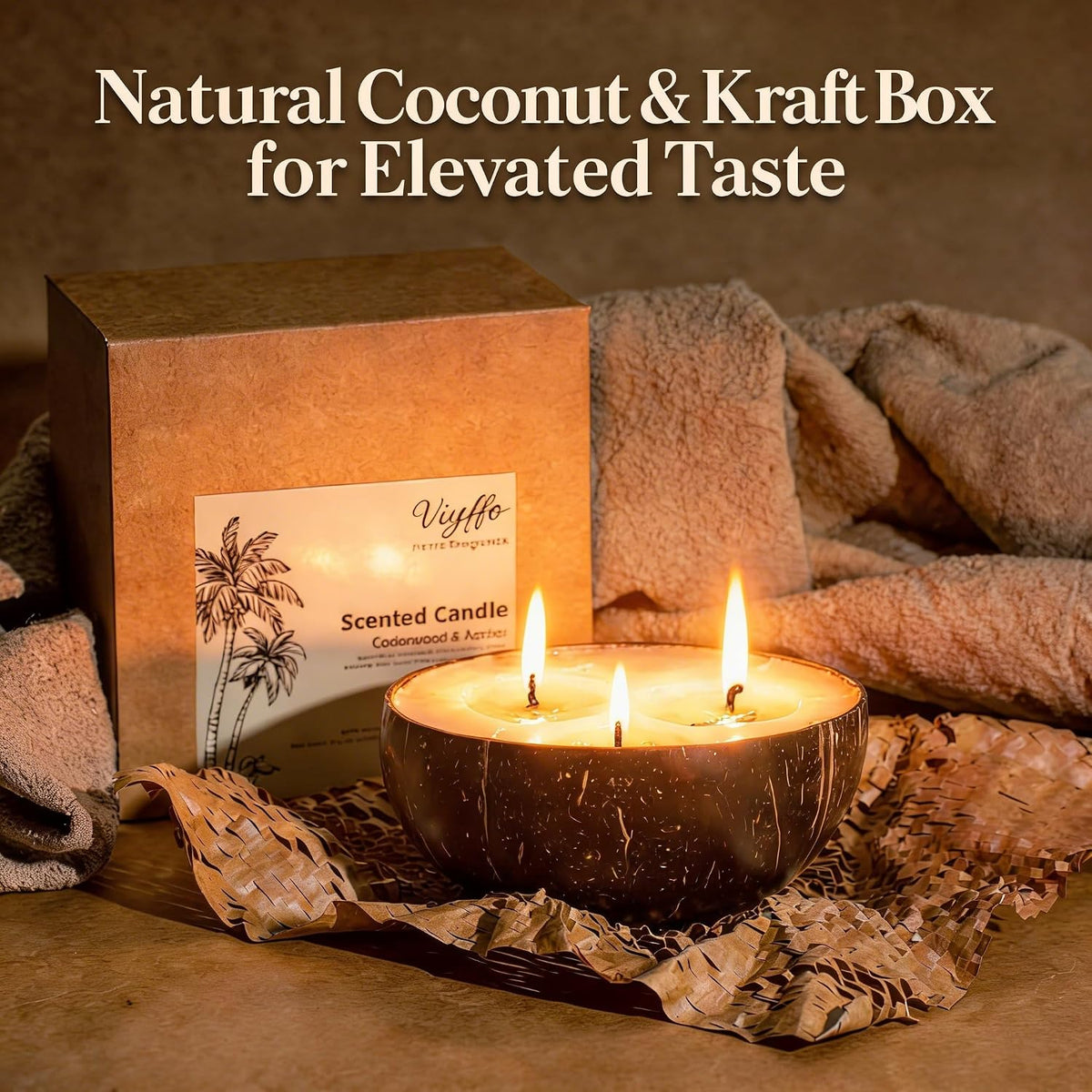 Viyffo Fresh Linen Scented Candle, Large 16oz 3 Wick Non Toxic Soy Candles, Natural Coconut Shell Candles for Home, Clean &amp; Fresh Aromatherapy for Relaxation &amp; Outside Décor, Gift for Women &amp; Men