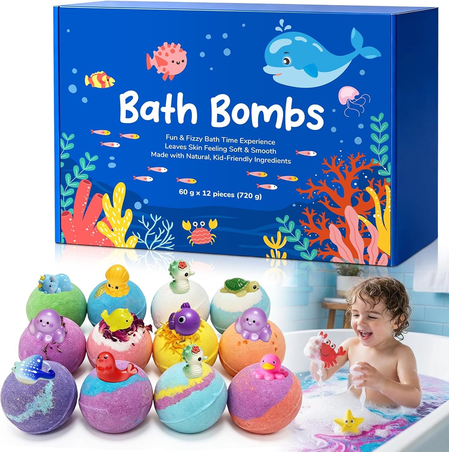 12 PCS Natural Bath Bombs with Toys Inside, 2026 Upgrade Play Fizz Bath Bombs Gift Set with 12 Different Fragrances, Ocean Theme Bath Fizzies, Sea Salt Color Changing Spa Easter Bath Balls