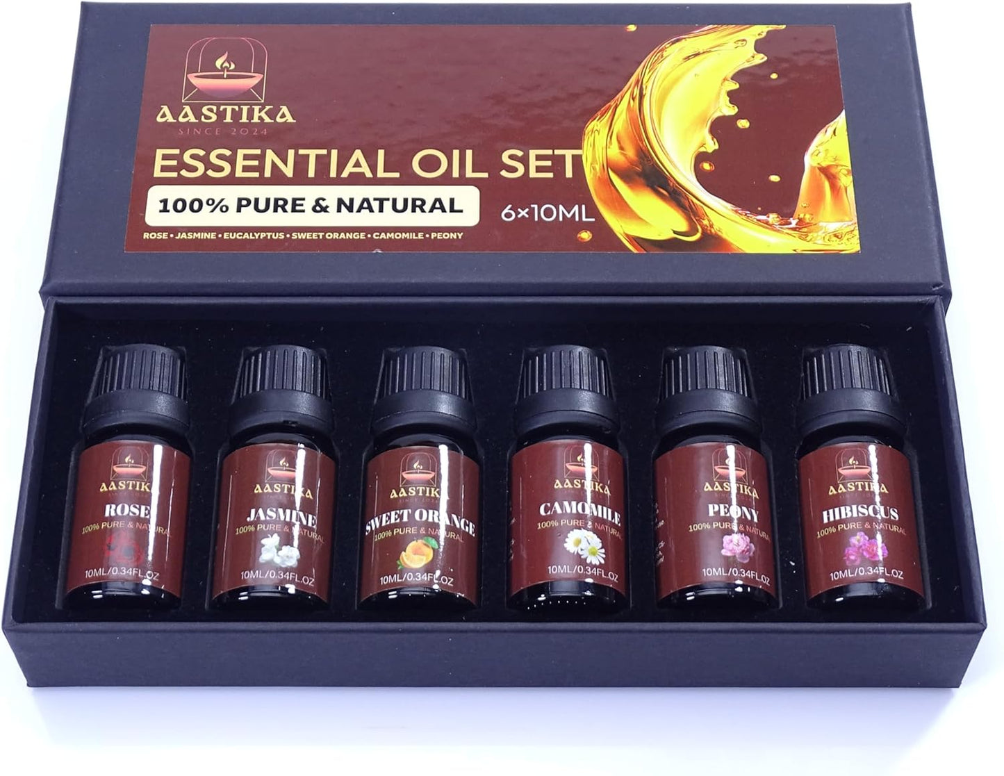 Aastika Flower Essential Oil Set – 100% Pure & Natural, 6X10ml(Rose, Jasmine, Hibiscus, Sweet Orange, Camomile, Peony) Bottle