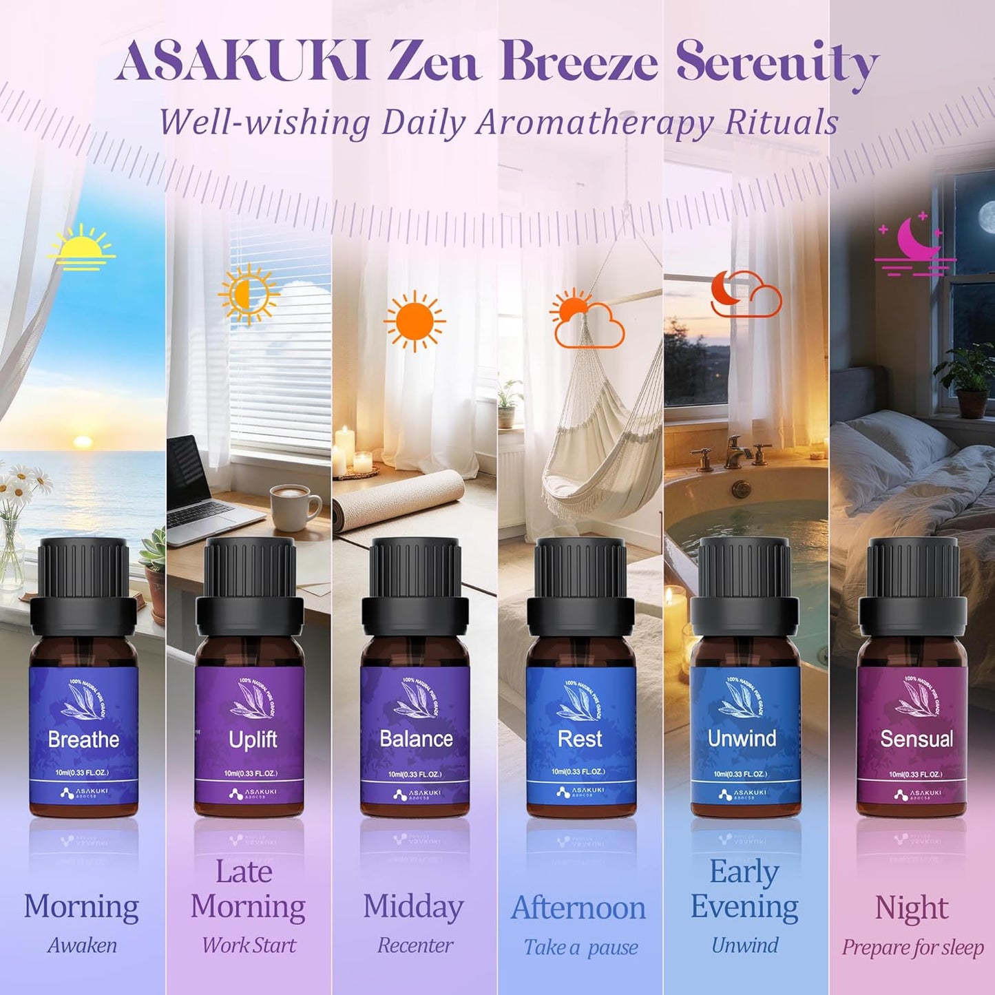 ASAKUKI Essential Oils for Diffuser –6 Mood Essential Oil Blends (Breathe, Uplift, Sensual, Balance, Unwind, Rest) for Morning to Night Rituals, Home & Daily Use- Gifts for Mom