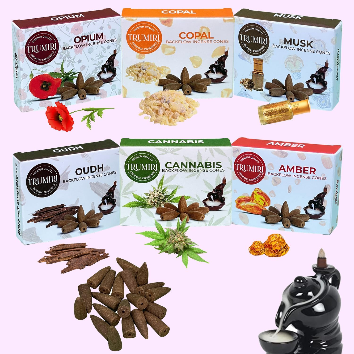 Exotic - Backflow Incense Cones for Waterfall - Scented Inscents-Cones - Copal, Amber, Musk, Oud - Insiensos Aromaticos - 6x10=60 Large Variety Pack