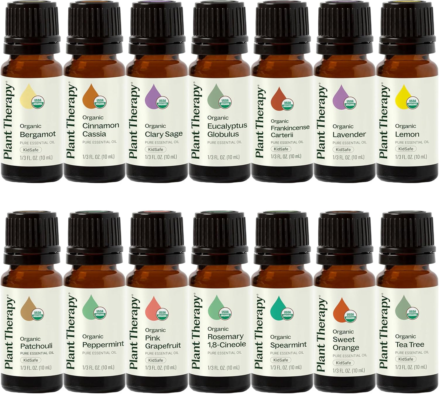 Plant Therapy Top 14 Organic Essential Oil Singles Set 100% Pure Essential Oils, Undiluted, Natural Aromatherapy for Diffusion and Body Care 10 mL (1/3 oz) Each